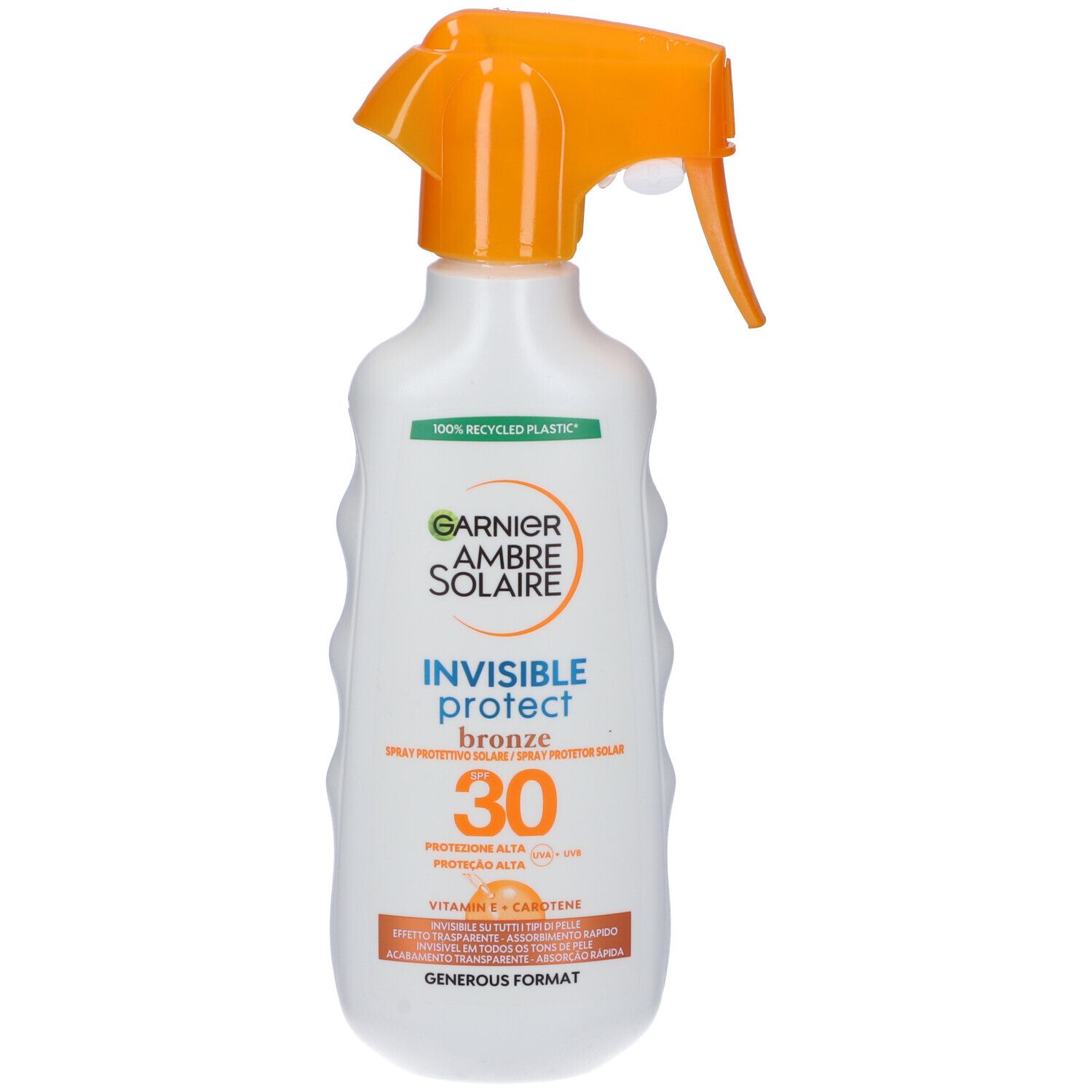Garnier Ambre Solaire Invisible Protect Bronze Spray SPF30. Flacone bianco con erogatore arancione. Testo e logo visibili.