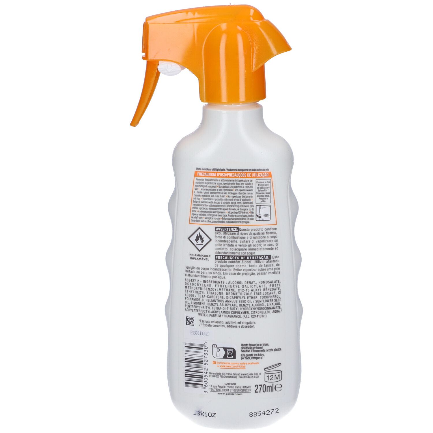 Retro del flacone Garnier Ambre Solaire Invisible Protect Bronze Spray SPF30. Testo, avvertenze e ingredienti visibili.