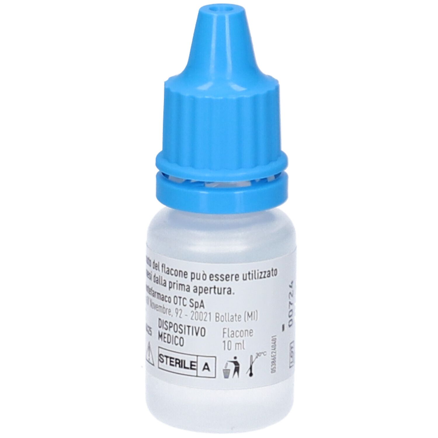 Augentropfen-Fläschchen mit blauem Verschluss. Etikett mit Informationen und 10 ml Volumen.