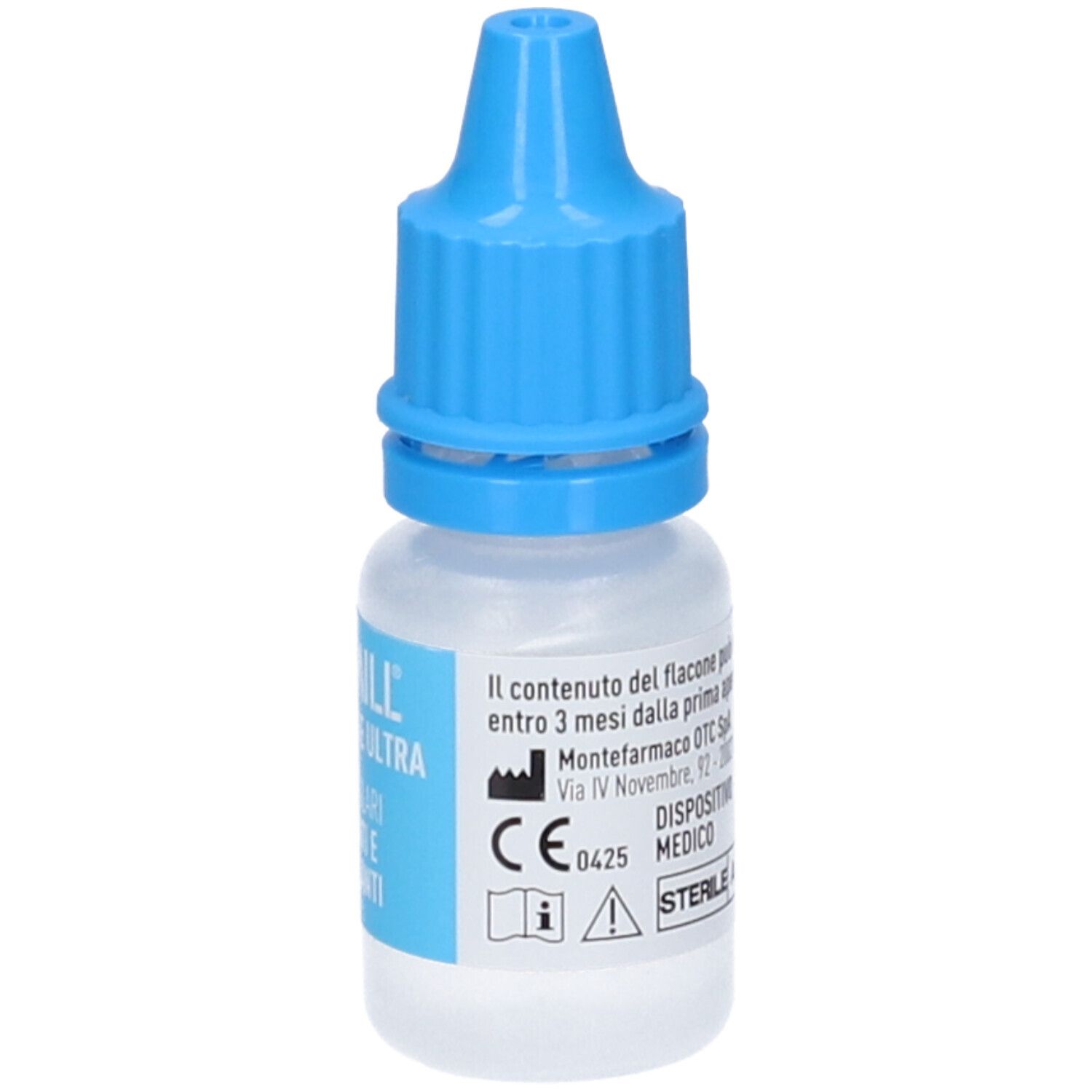 Augentropfen-Fläschchen mit blauem Verschluss. Etikett mit CE-Kennzeichnung und Steril-Symbol.