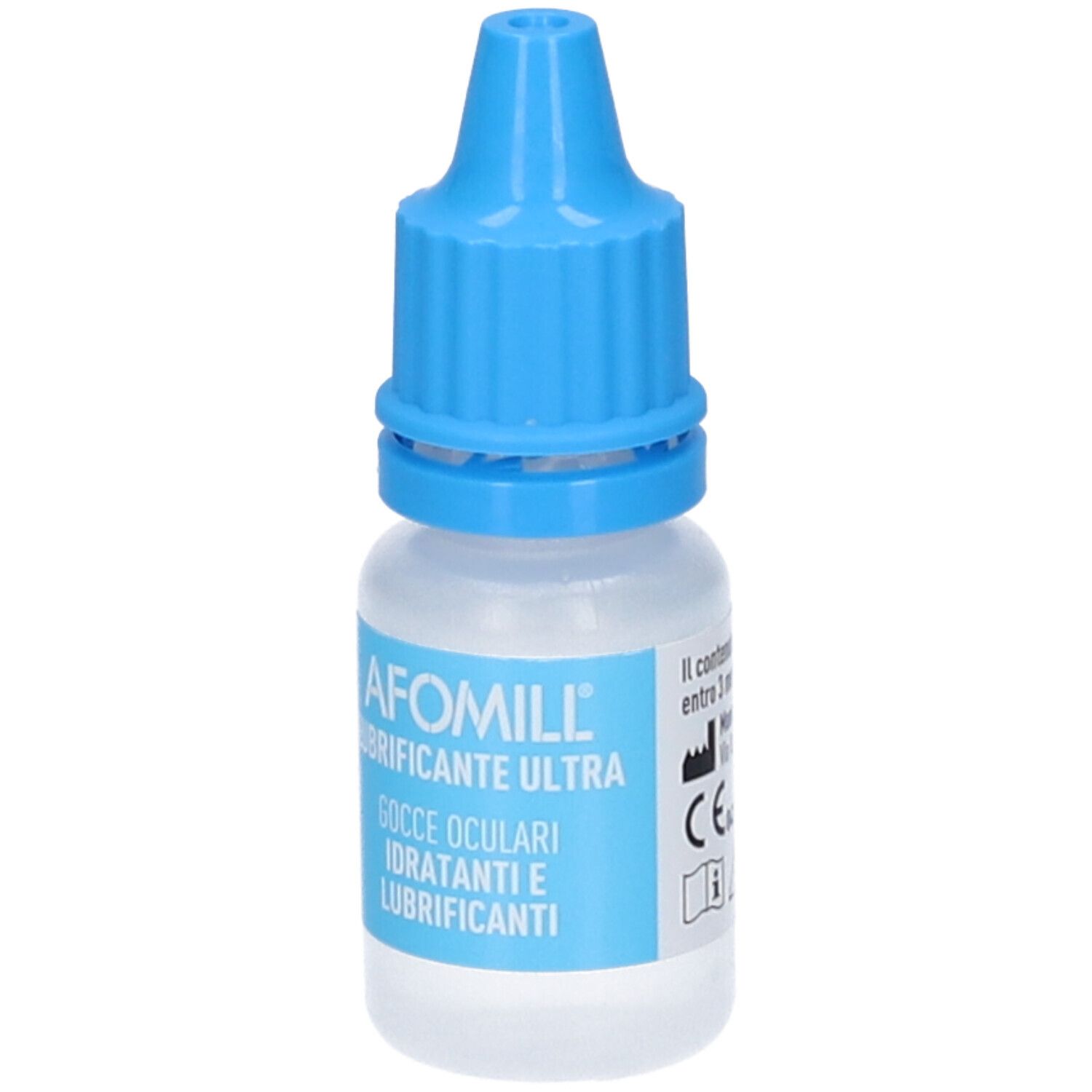 Augentropfen-Fläschchen mit blauem Verschluss. Etikett mit Produktnamen und Beschreibung.