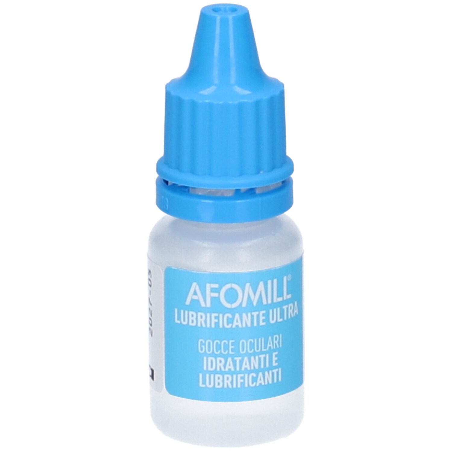 Augentropfen-Fläschchen mit blauem Verschluss. Etikett mit Produktnamen und Beschreibung.