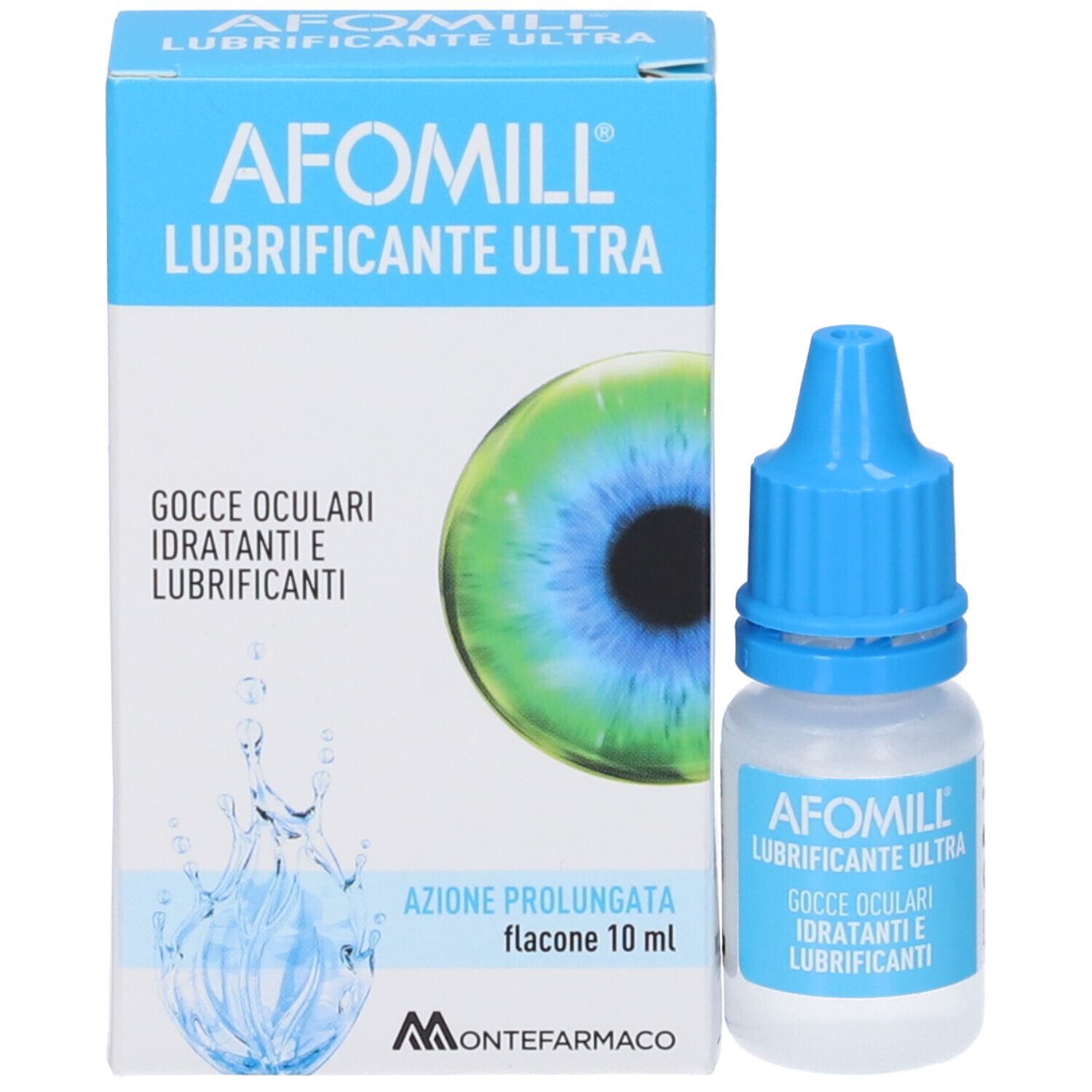 Produktverpackung und Augentropfen-Fläschchen. Verpackung mit Produktnamen und Augenabbildung.