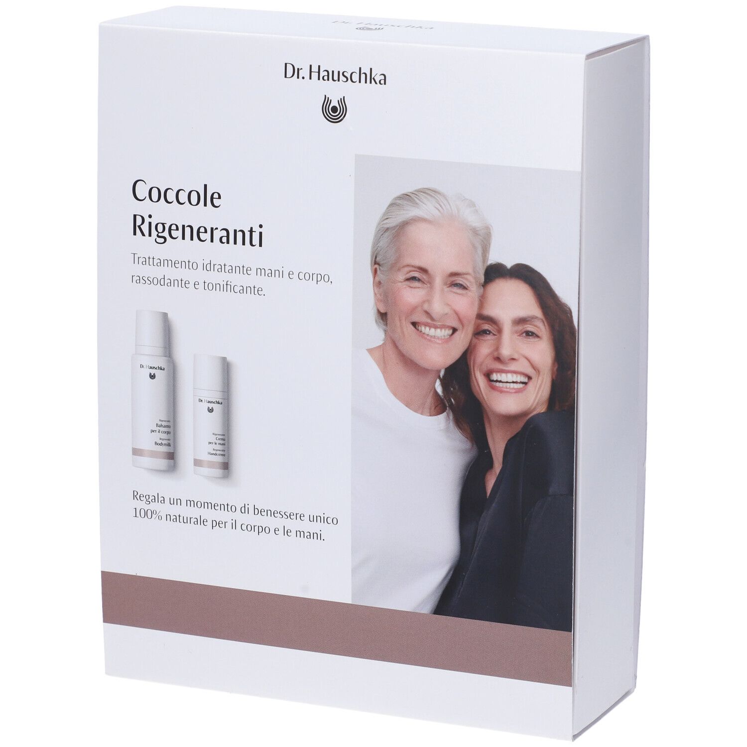 Scatola bianca con immagine del prodotto e due donne. Scritta: Dr. Hauschka, Coccole Rigeneranti.