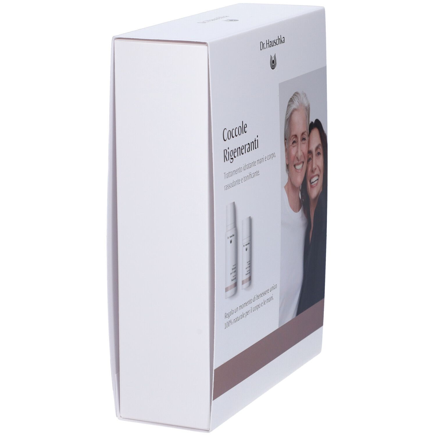 Scatola bianca, vista laterale. Scritta: Dr. Hauschka, Coccole Rigeneranti. Immagine del prodotto e due donne.