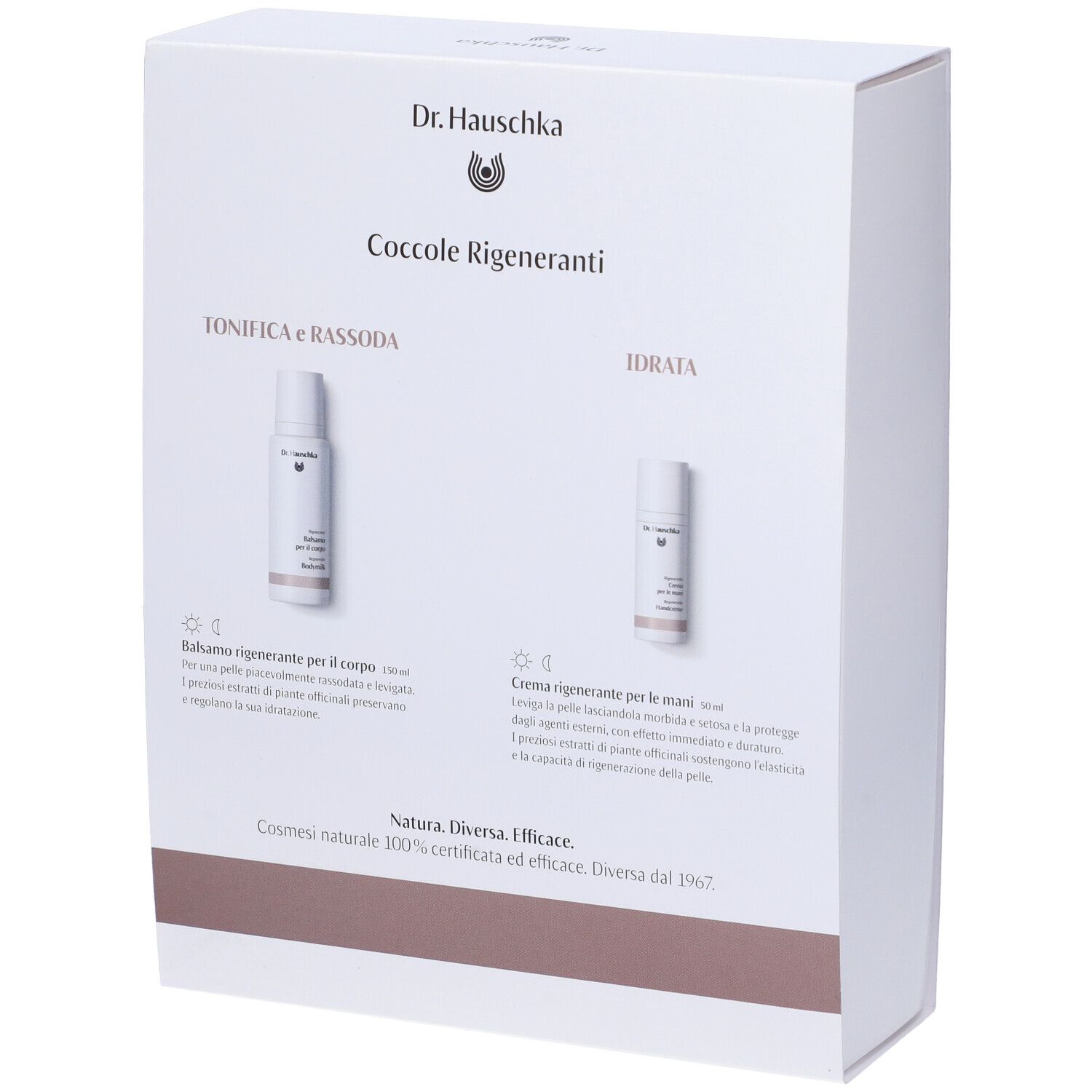 Scatola bianca, fronte. Scritta: Dr. Hauschka, Coccole Rigeneranti. Immagini dei prodotti e testo.