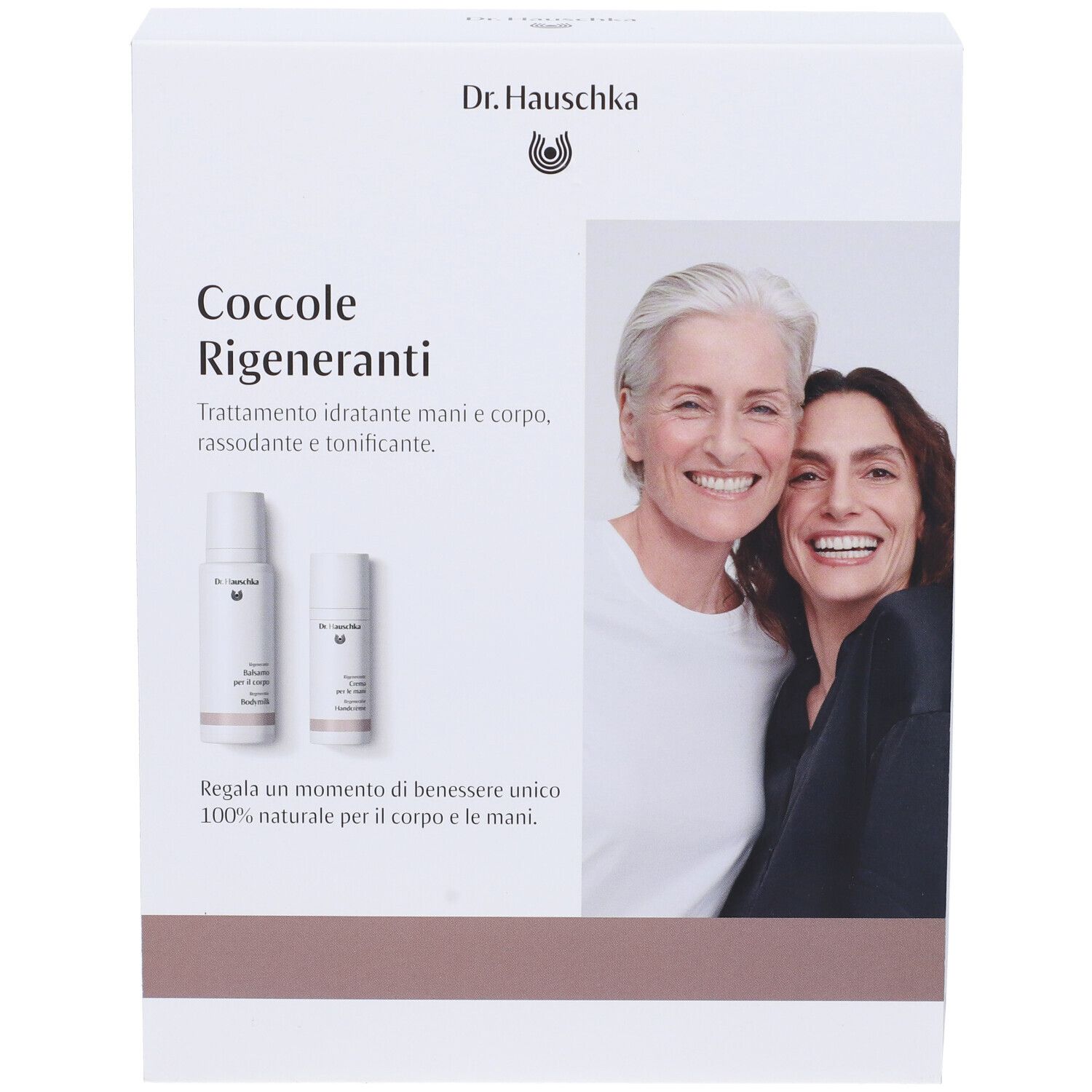 Scatola bianca con immagine del prodotto e due donne. Scritta: Dr. Hauschka, Coccole Rigeneranti.