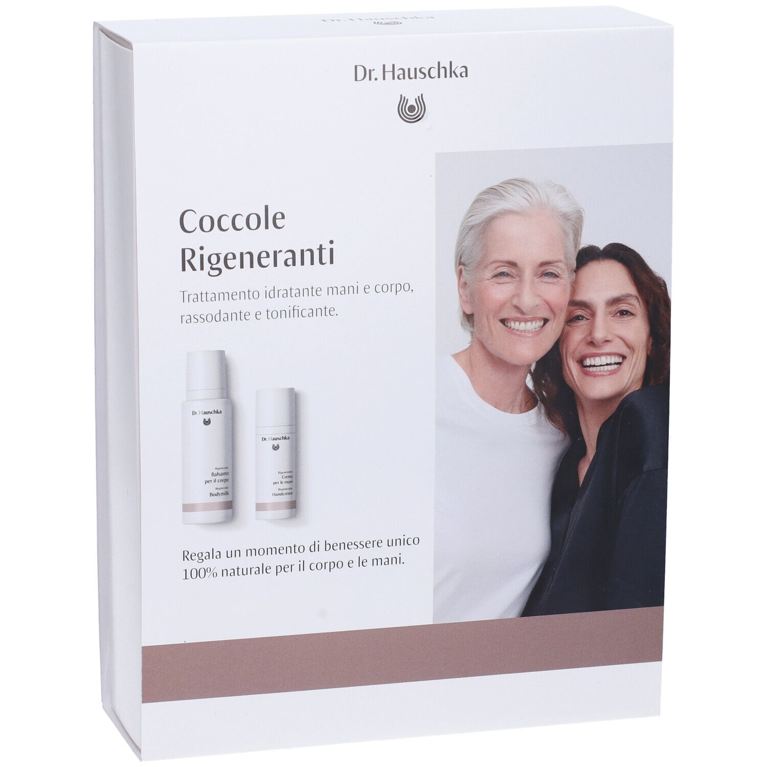 Scatola bianca con immagine del prodotto e due donne. Scritta: Dr. Hauschka, Coccole Rigeneranti.