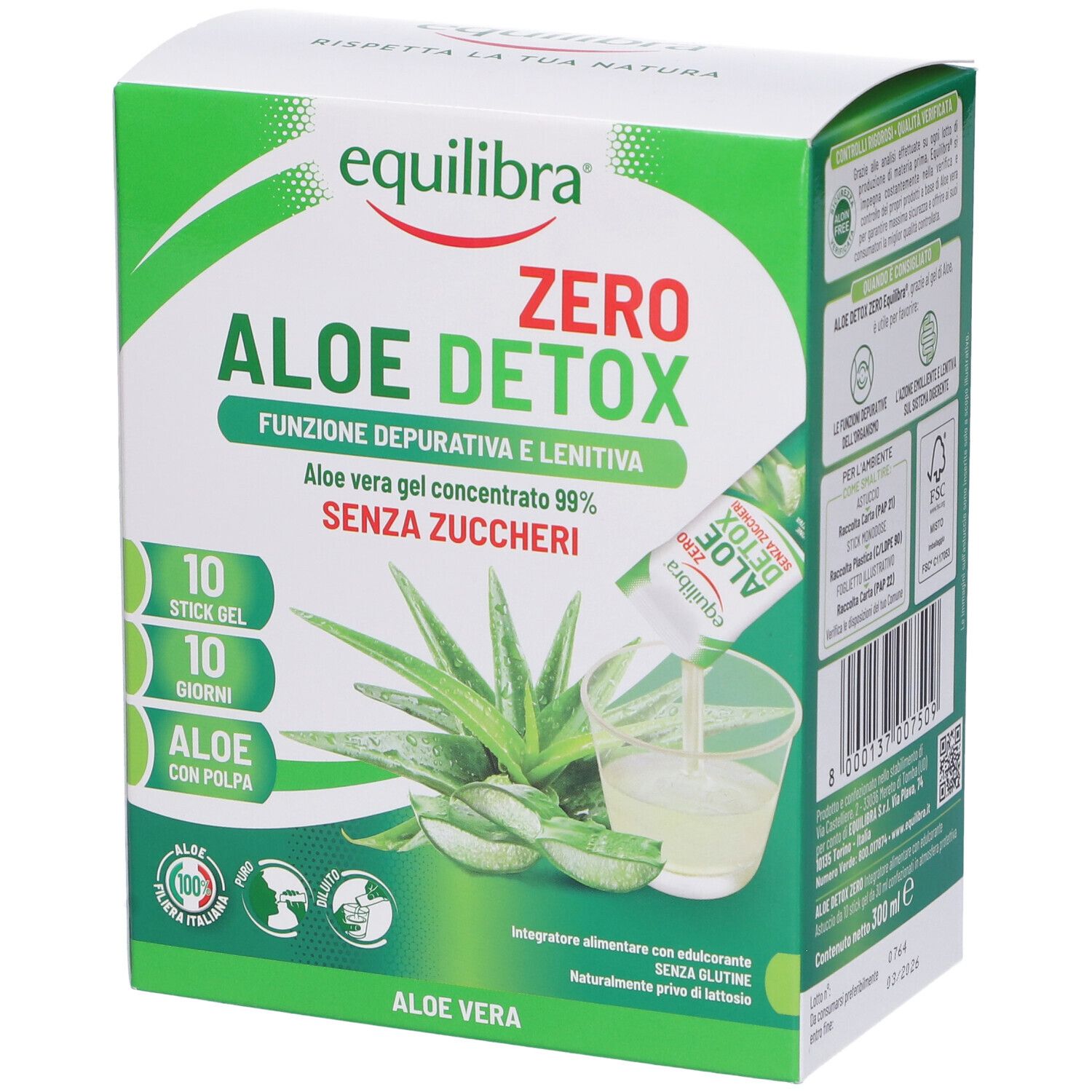 Confezione Equilibra Aloe Detox Zero. Contiene 10 stick gel. Scritta: Aloe Vera, senza zuccheri.