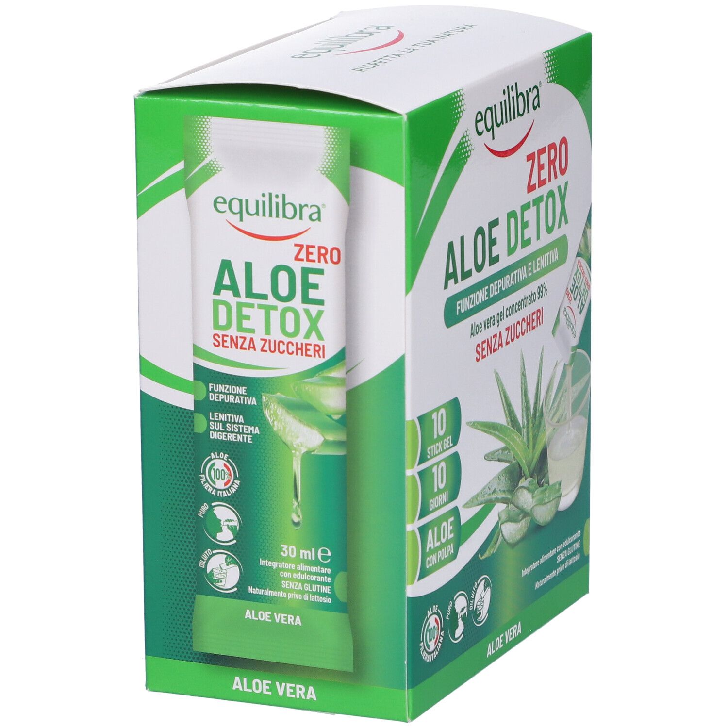 Confezione Equilibra Aloe Detox Zero. Mostra uno stick gel. Scritta: Aloe Detox, senza zuccheri, 30 ml.