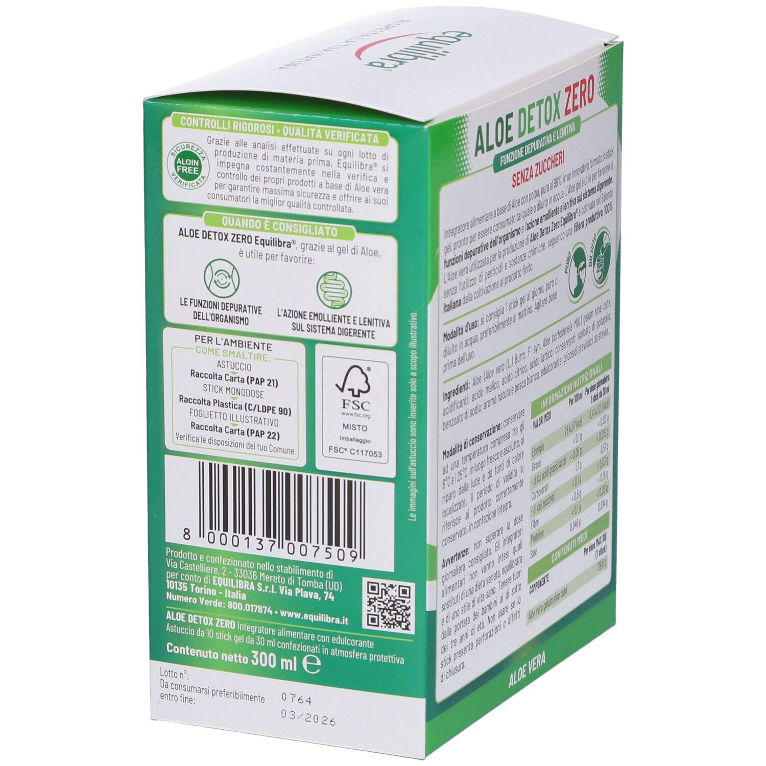 Retro della confezione Equilibra Aloe Detox Zero. Contiene informazioni e certificazioni.