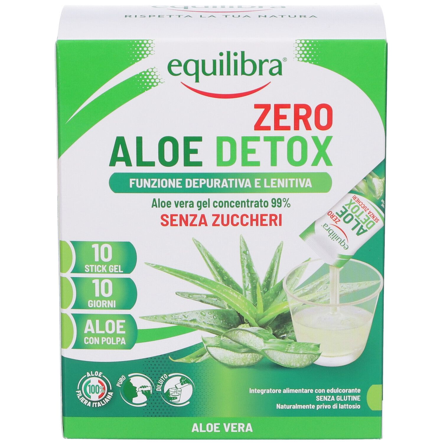 Confezione Equilibra Aloe Detox Zero. Mostra un gel versato in un bicchiere. Scritta: Aloe Vera, senza zuccheri.
