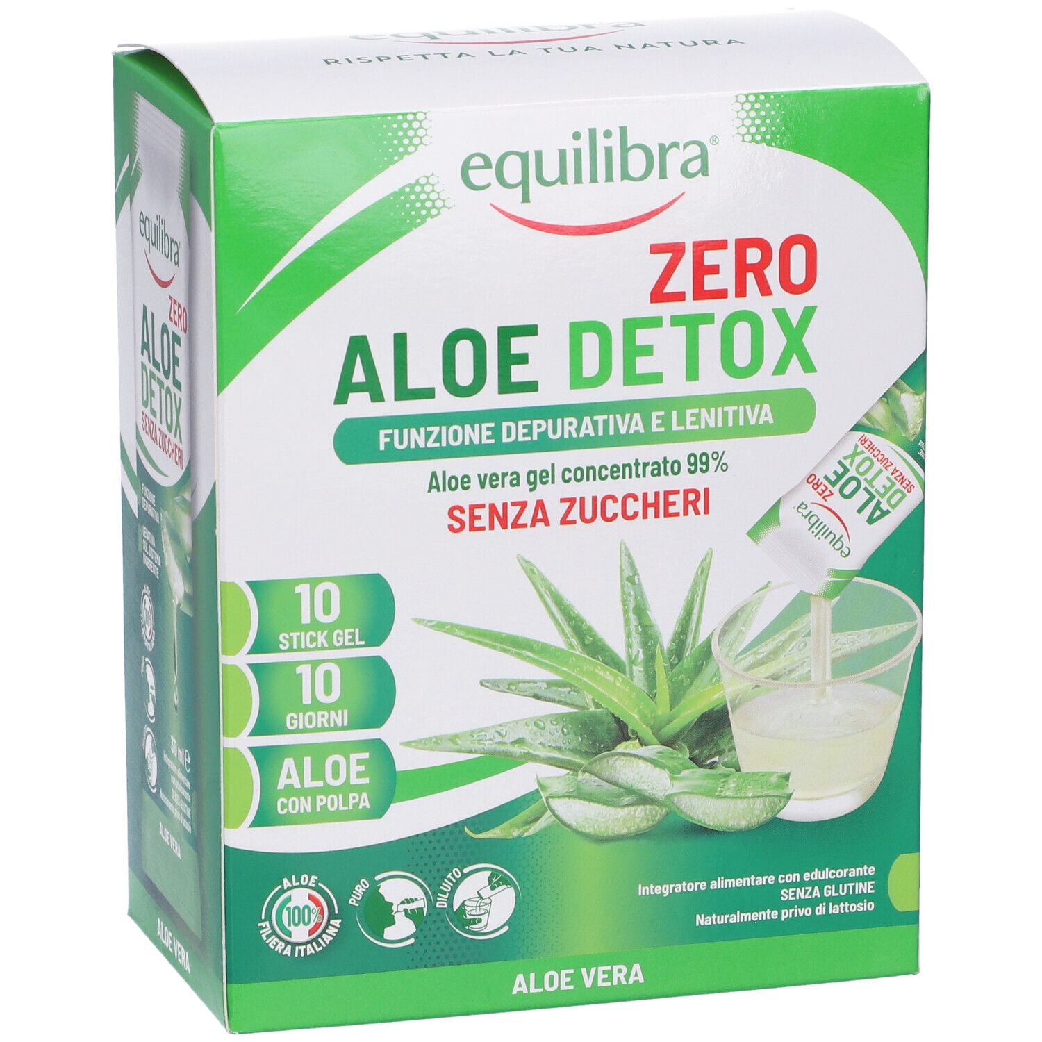 Confezione Equilibra Aloe Detox Zero. Mostra un gel versato in un bicchiere. Scritta: Aloe Vera, senza zuccheri.
