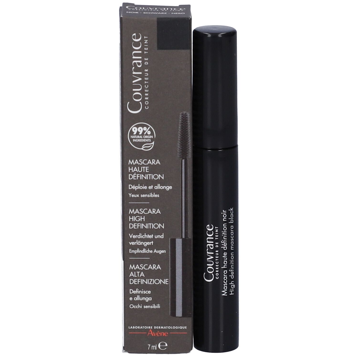 Tubo di mascara e scatola. Scatola con testo: Couvrance, Mascara haute définition, 99% ingredienti naturali.