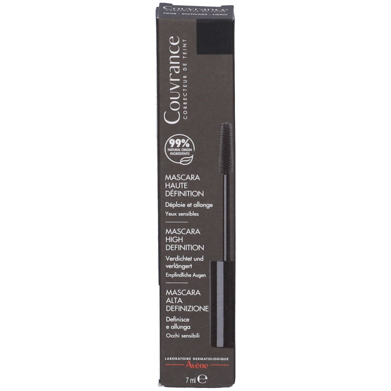 Scatola con testo: Couvrance, Mascara haute définition, 99% ingredienti naturali, 7 ml.