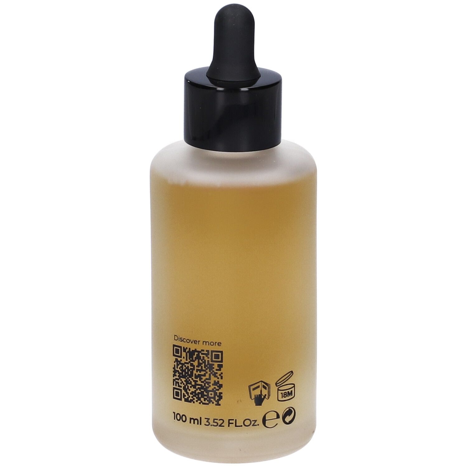 Rückseite einer Serumflasche. Aufschrift: 100 ml 3.52 FL.OZ. QR-Code und Symbole.