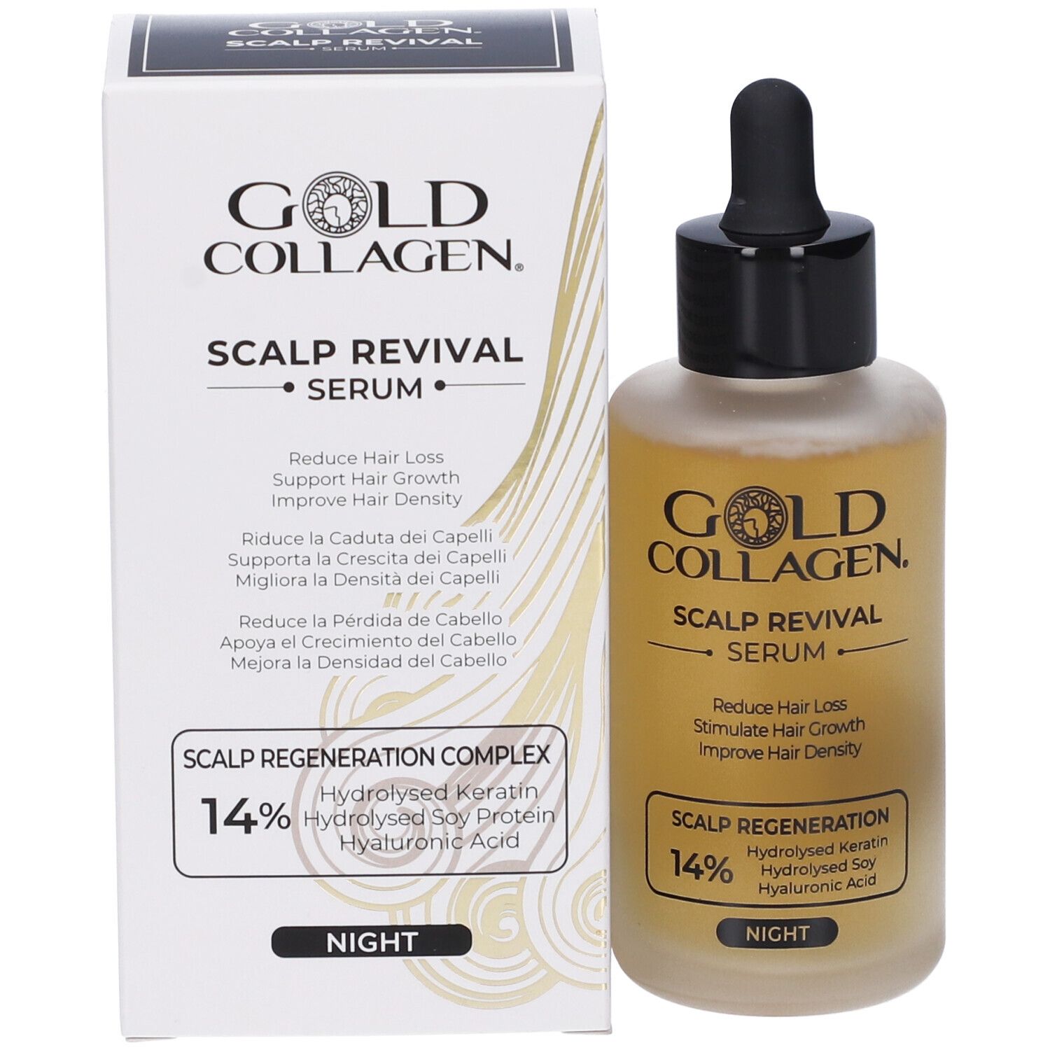 Serumflasche und Schachtel. Aufschrift: GOLD COLLAGEN. SCALP REVIVAL SERUM. Reduziert Haarausfall. Mit Pipette.
