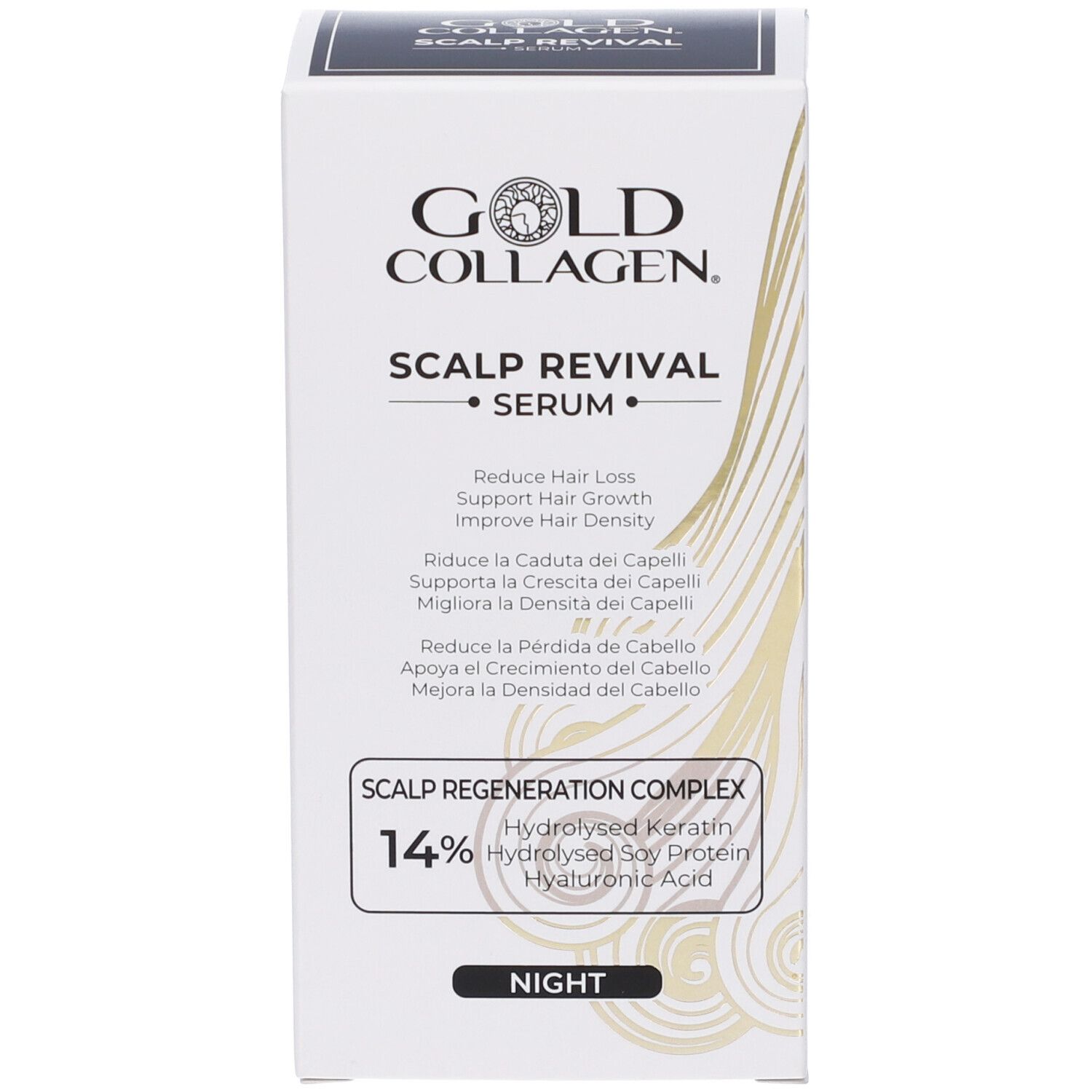Weiße Schachtel mit Aufschrift: GOLD COLLAGEN. SCALP REVIVAL SERUM. Reduziert Haarausfall.