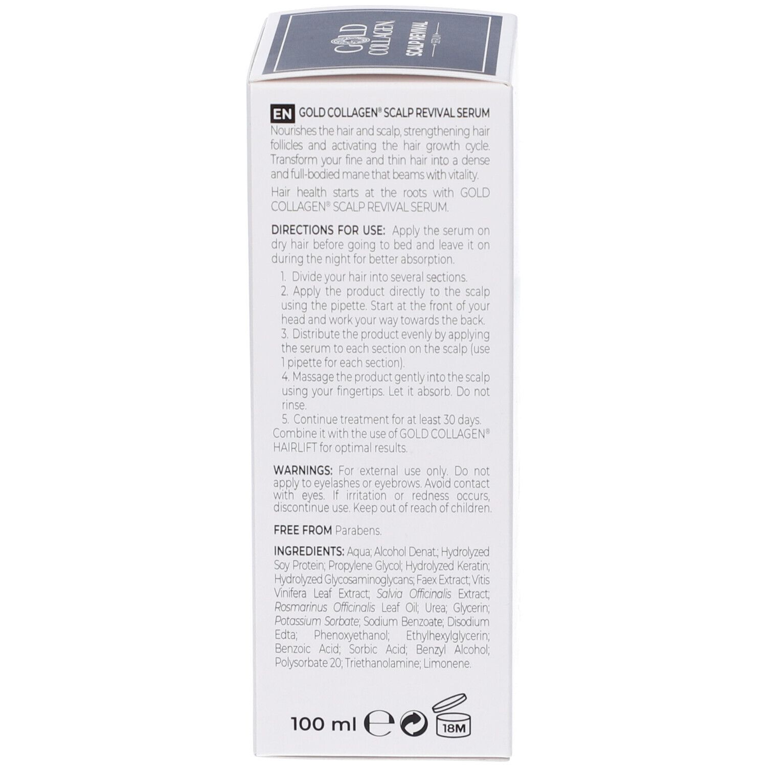 Weiße Schachtel, Rückseite. Text in Englisch: GOLD COLLAGEN SCALP REVIVAL SERUM. Inhaltsstoffe, Anwendungshinweise.
