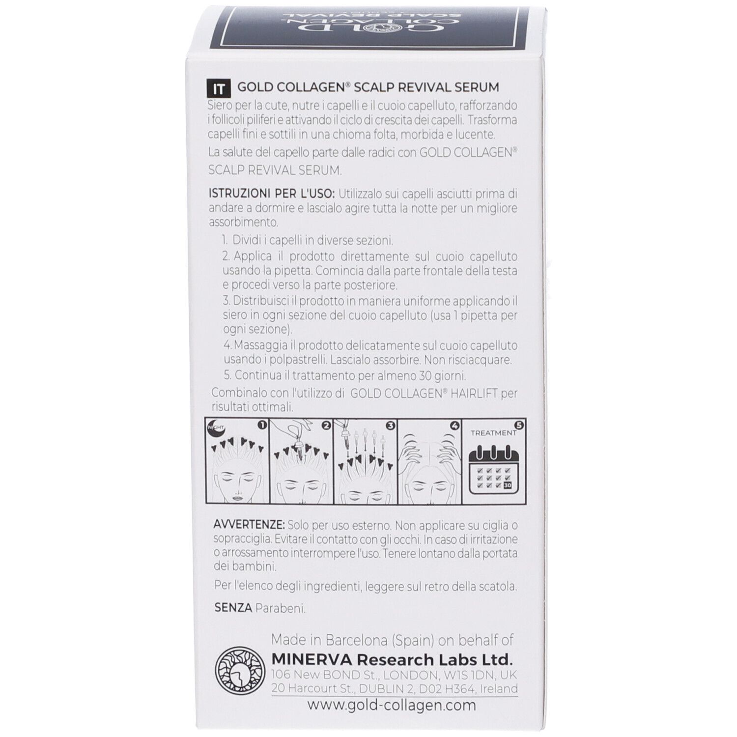 Rückseite der Schachtel. Text in Italienisch: GOLD COLLAGEN SCALP REVIVAL SERUM. Anwendungshinweise, Inhaltsstoffe.