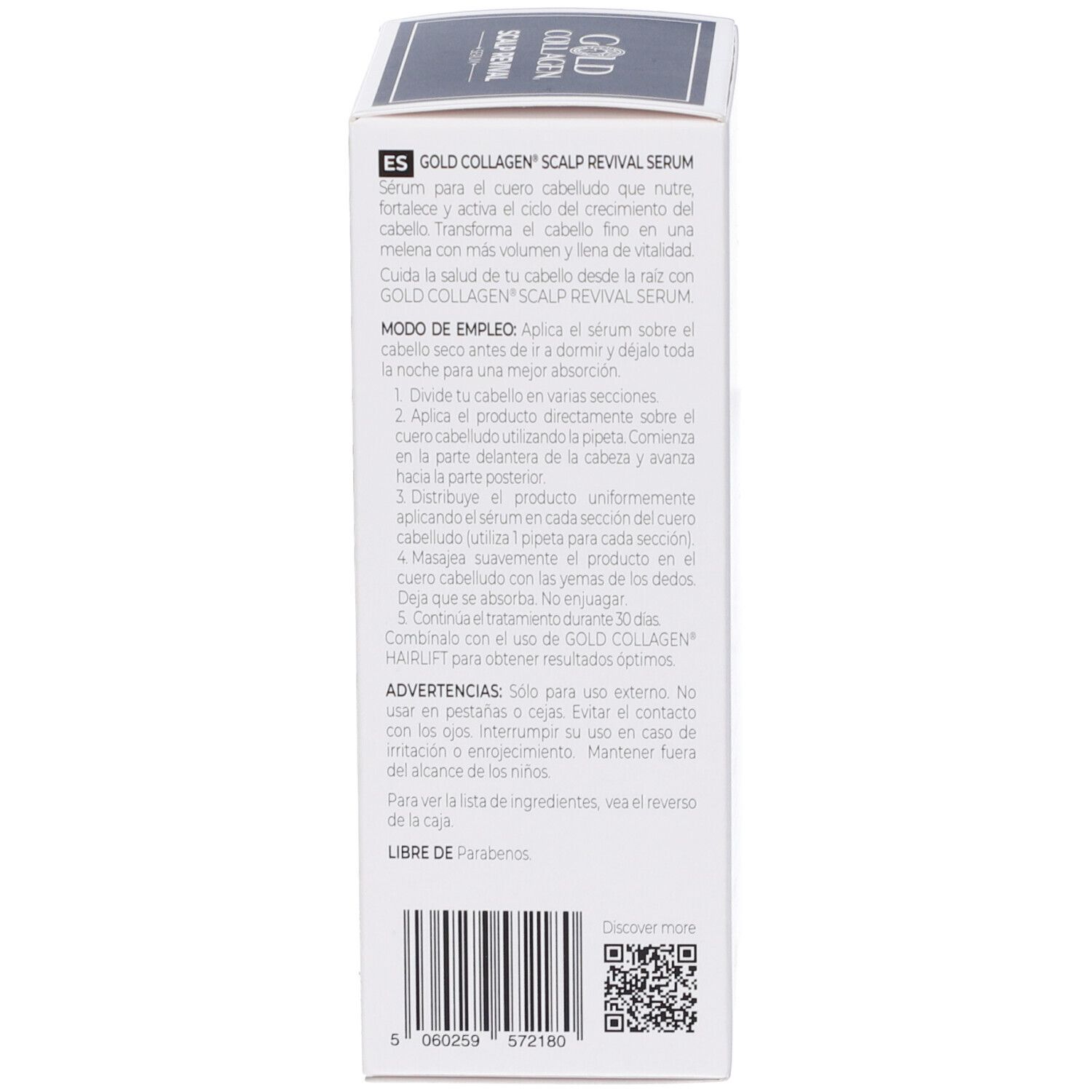 Rückseite der Schachtel. Text in Spanisch: GOLD COLLAGEN SCALP REVIVAL SERUM. Anwendungshinweise, Inhaltsstoffe.
