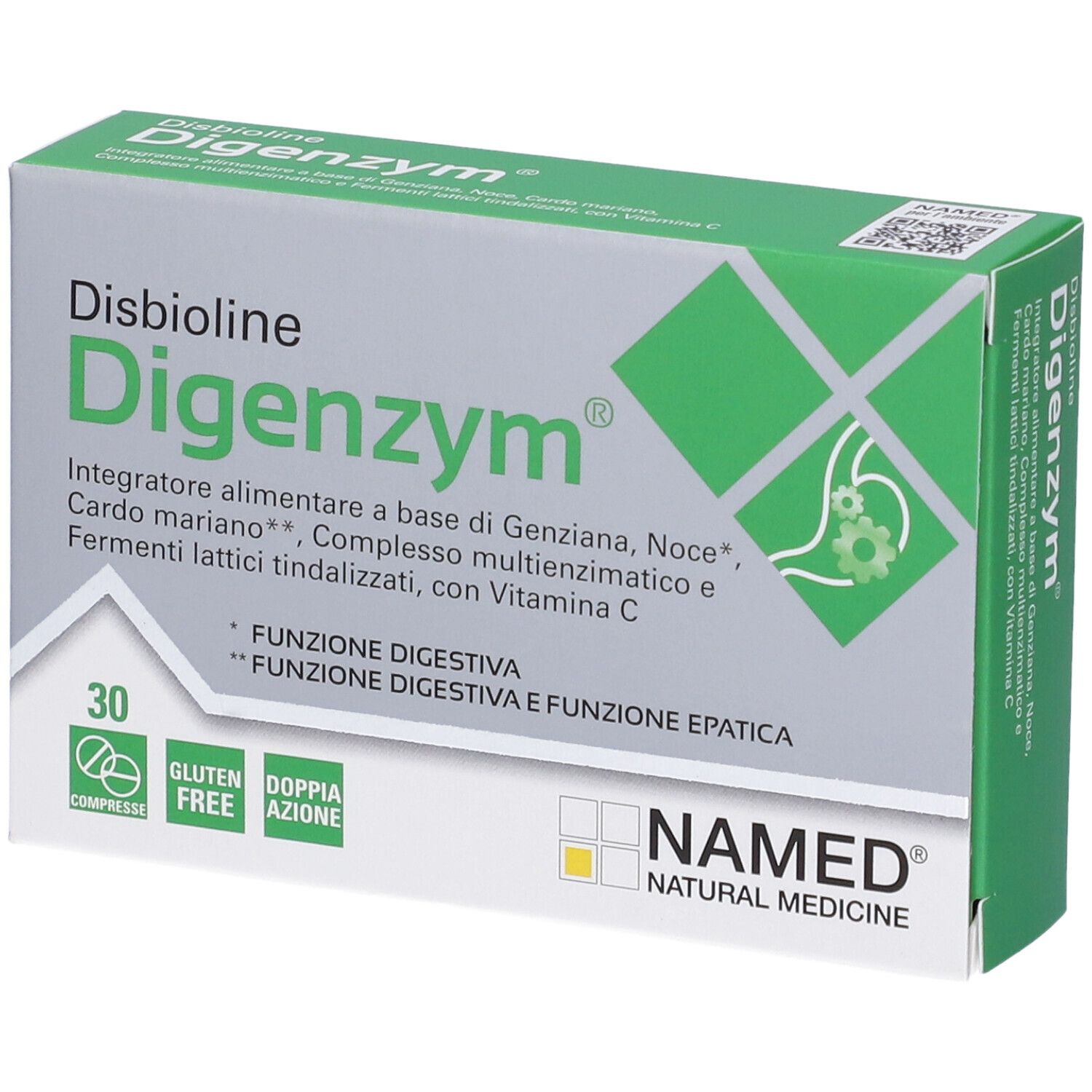 Schachtel mit Disbioline Digenzym Compresse. Grün-weiß. 30 Tabletten. NAMED-Logo.