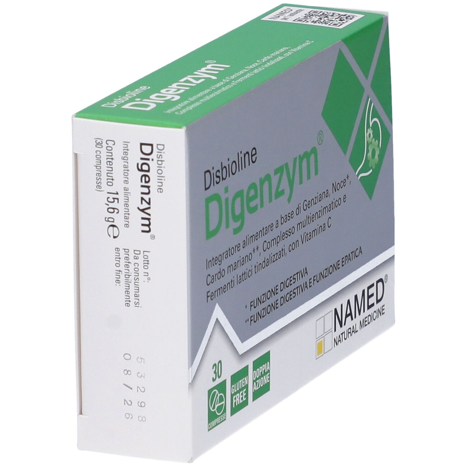Schachtel Disbioline Digenzym Compresse. Grün-weiß. 30 Tabletten. NAMED-Logo. Seitenansicht.