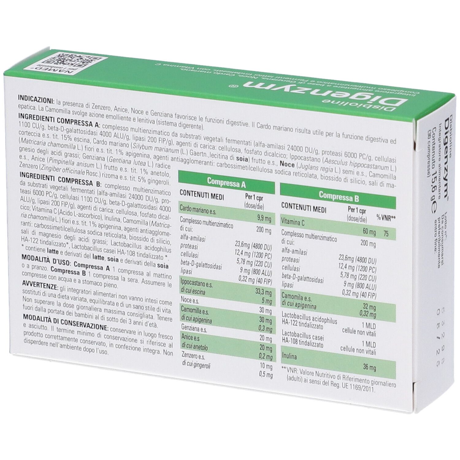 Rückseite der Schachtel Disbioline Digenzym Compresse. Text mit Inhaltsstoffen und Nährwerten.