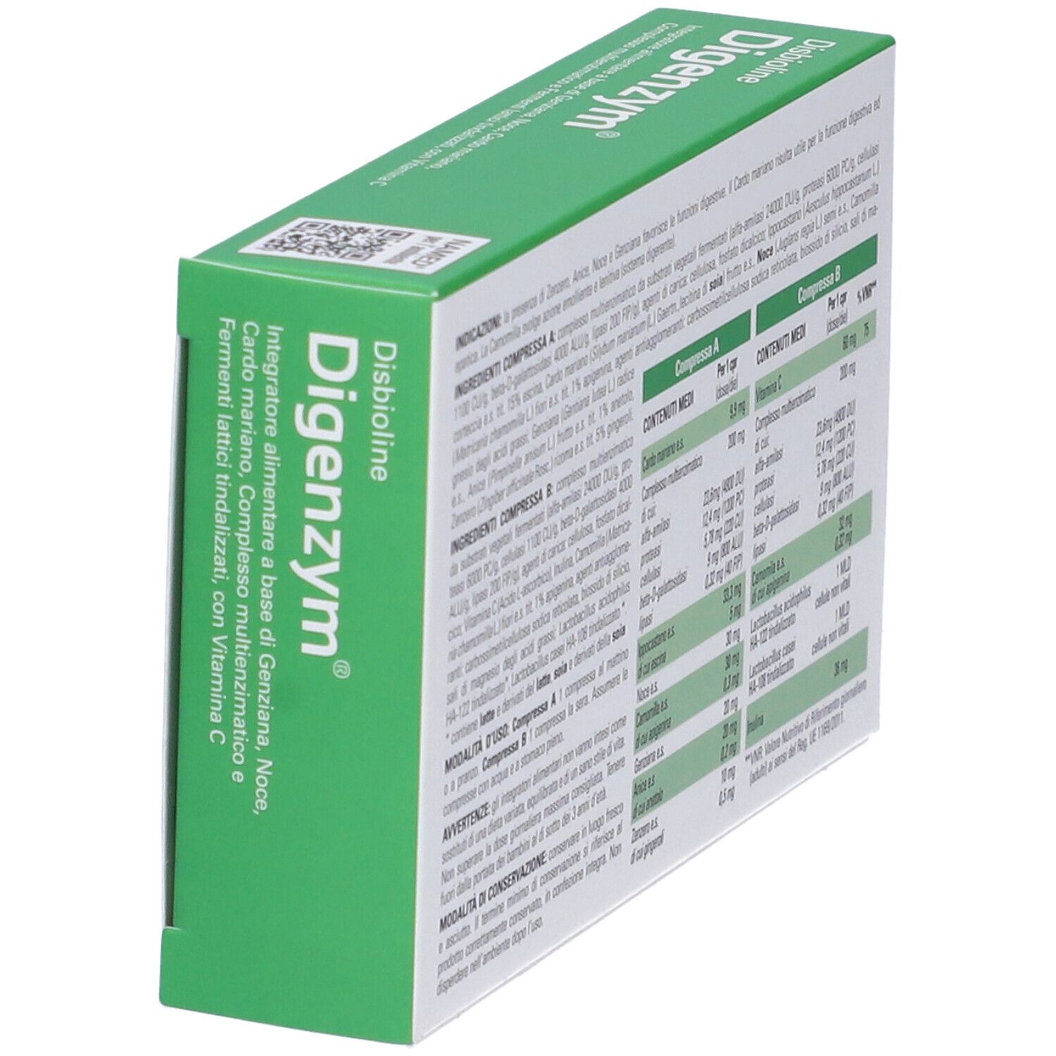 Schachtel Disbioline Digenzym Compresse. Grün-weiß. Text und Nährwertangaben. Seitenansicht.