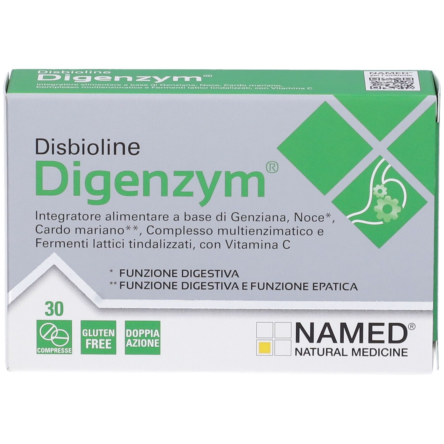 Schachtel mit Disbioline Digenzym Compresse. Grün-weiß. 30 Tabletten. NAMED-Logo.