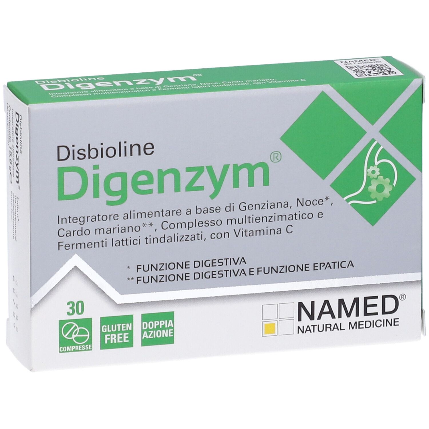 Schachtel mit Disbioline Digenzym Compresse. Grün-weiß. 30 Tabletten. NAMED-Logo.