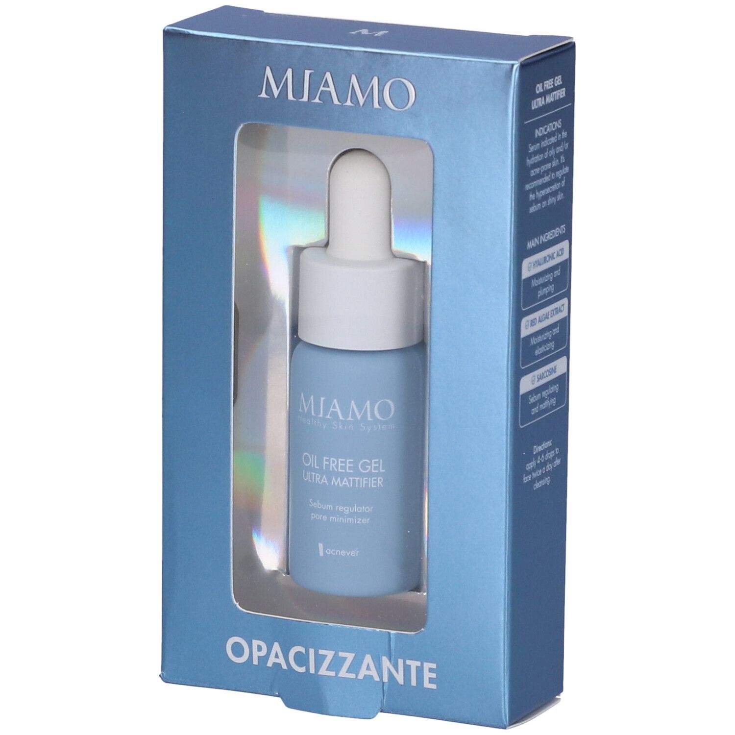 Flacone azzurro con contagocce in scatola azzurra. Visibili nome prodotto e marchio. "Opacizzante" in basso.
