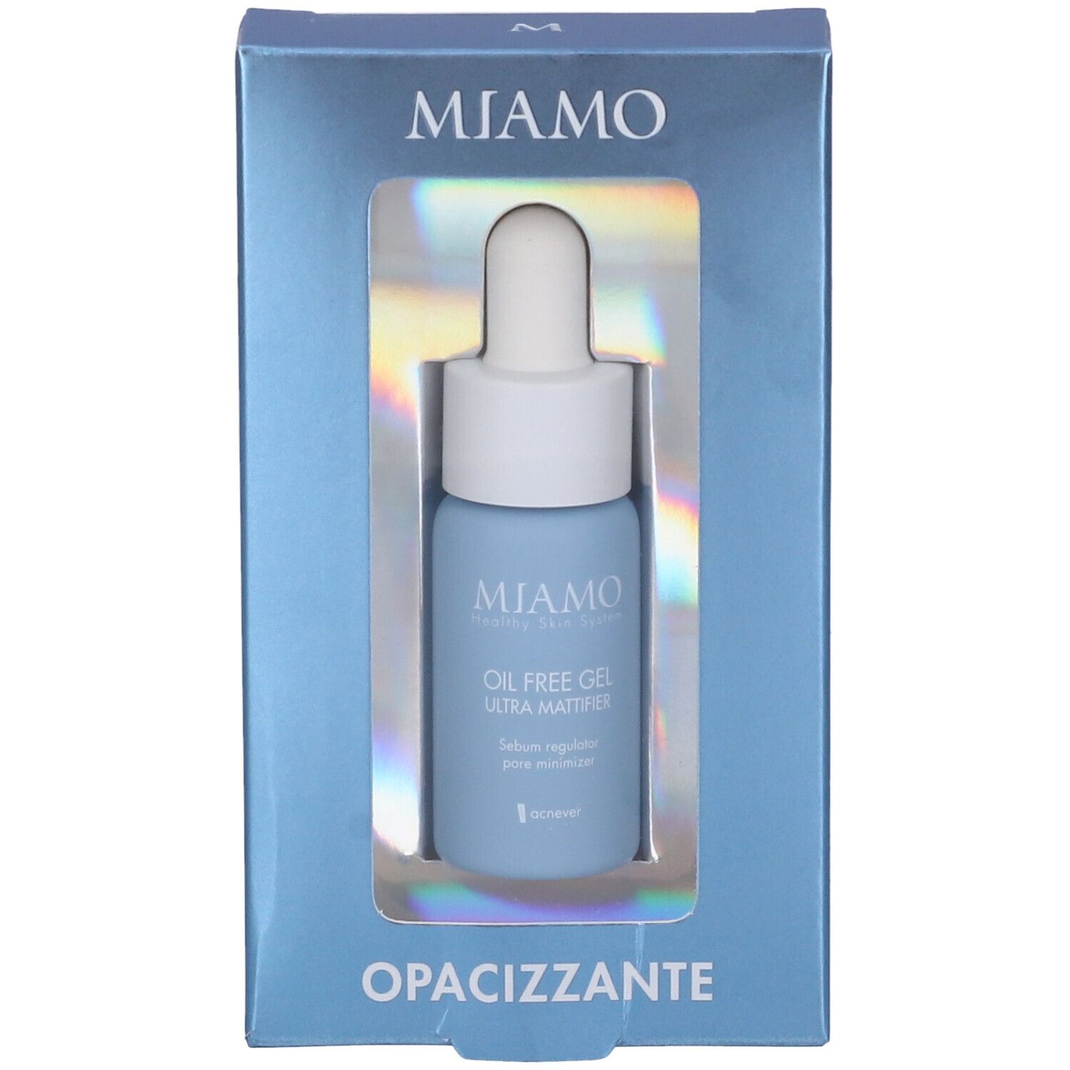 Flacone azzurro con contagocce in scatola azzurra. Visibili nome prodotto e marchio. "Opacizzante" in basso.