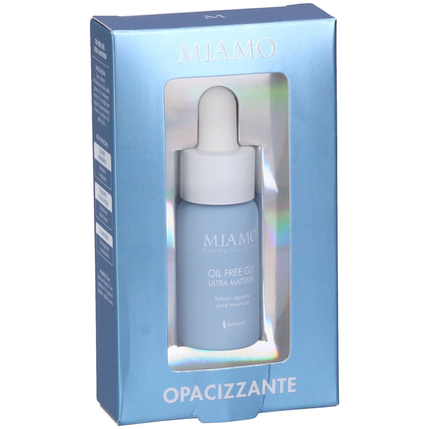 Flacone azzurro con contagocce in scatola azzurra. Visibili nome prodotto e marchio. "Opacizzante" in basso.