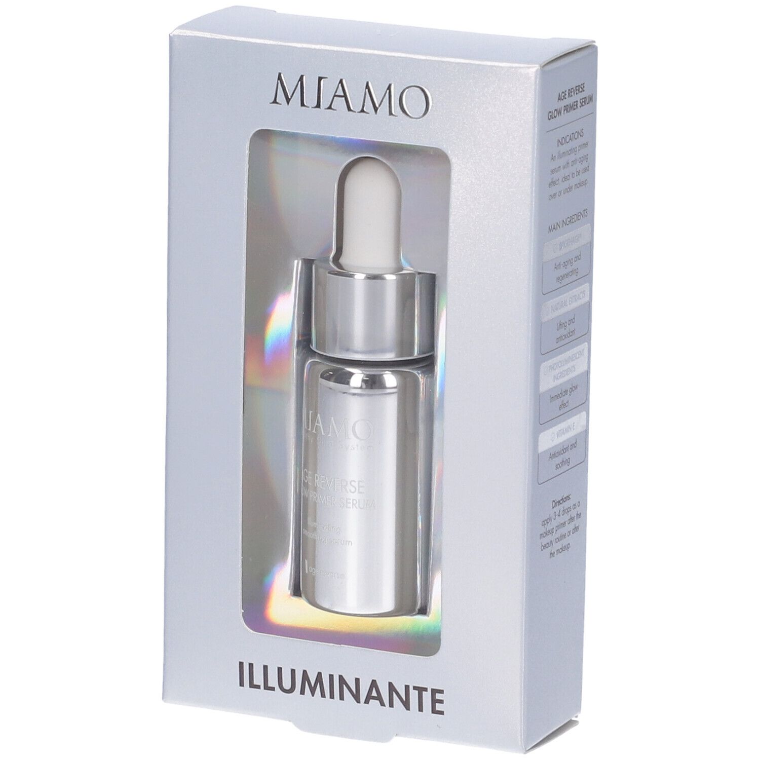Miamo Age Reverse Glow Primer Siero in confezione. Flacone con contagocce. Scritta: Illuminante.