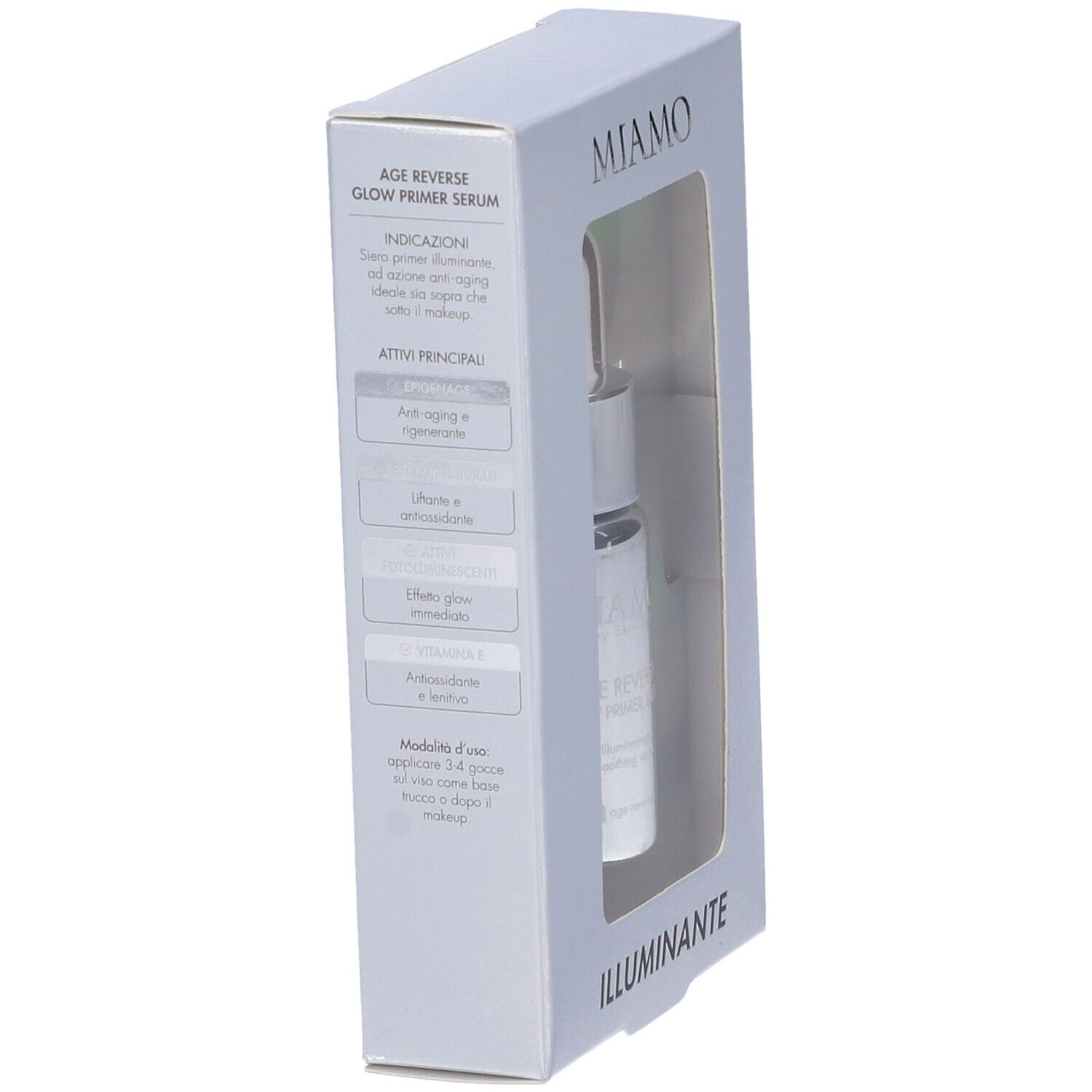 Confezione Miamo Age Reverse Glow Primer Siero. Vista laterale. Testo: Age Reverse Glow Primer Serum, Illuminante.