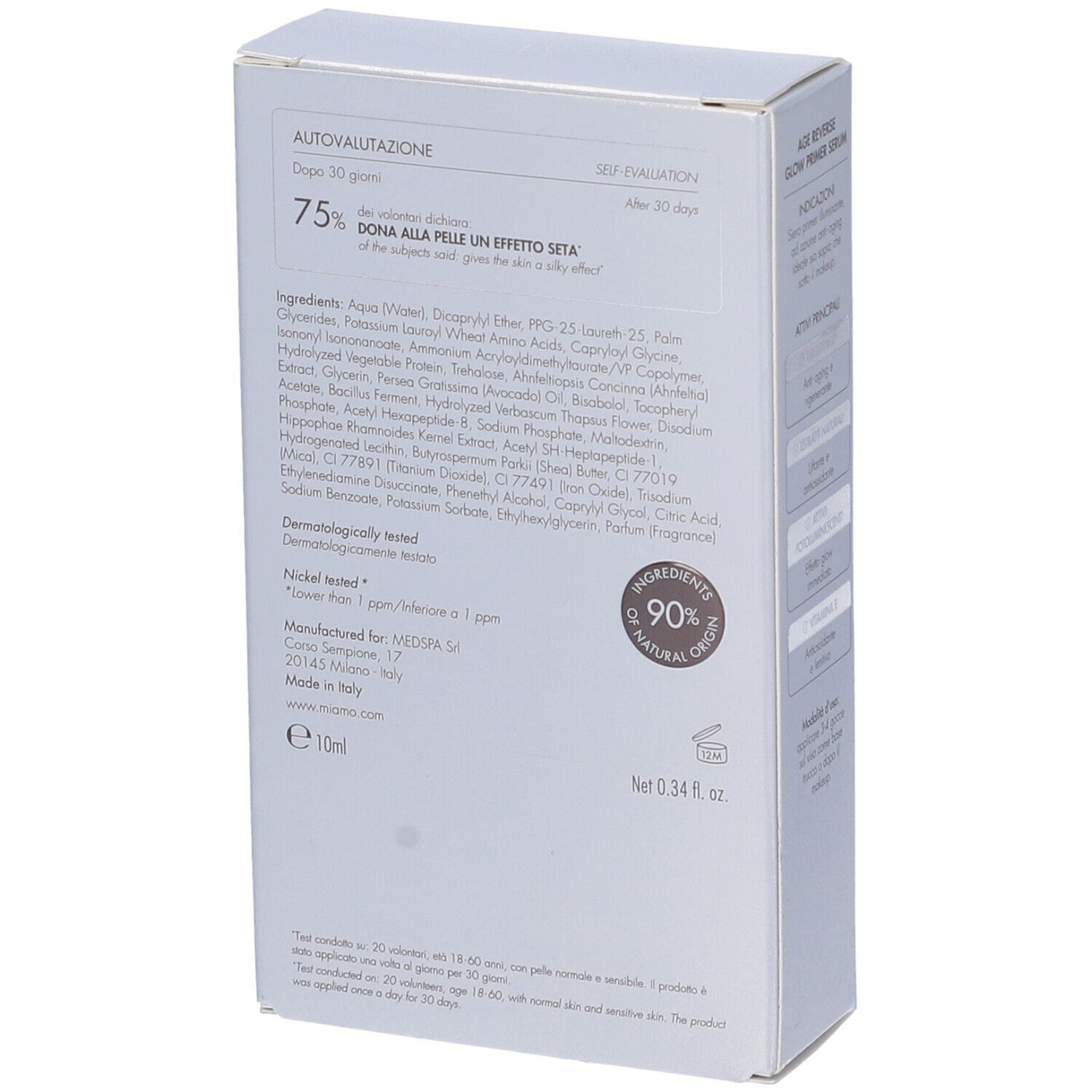 Confezione Miamo Age Reverse Glow Primer Siero. Retro. Testo: Ingredienti, 90% ingredienti naturali.