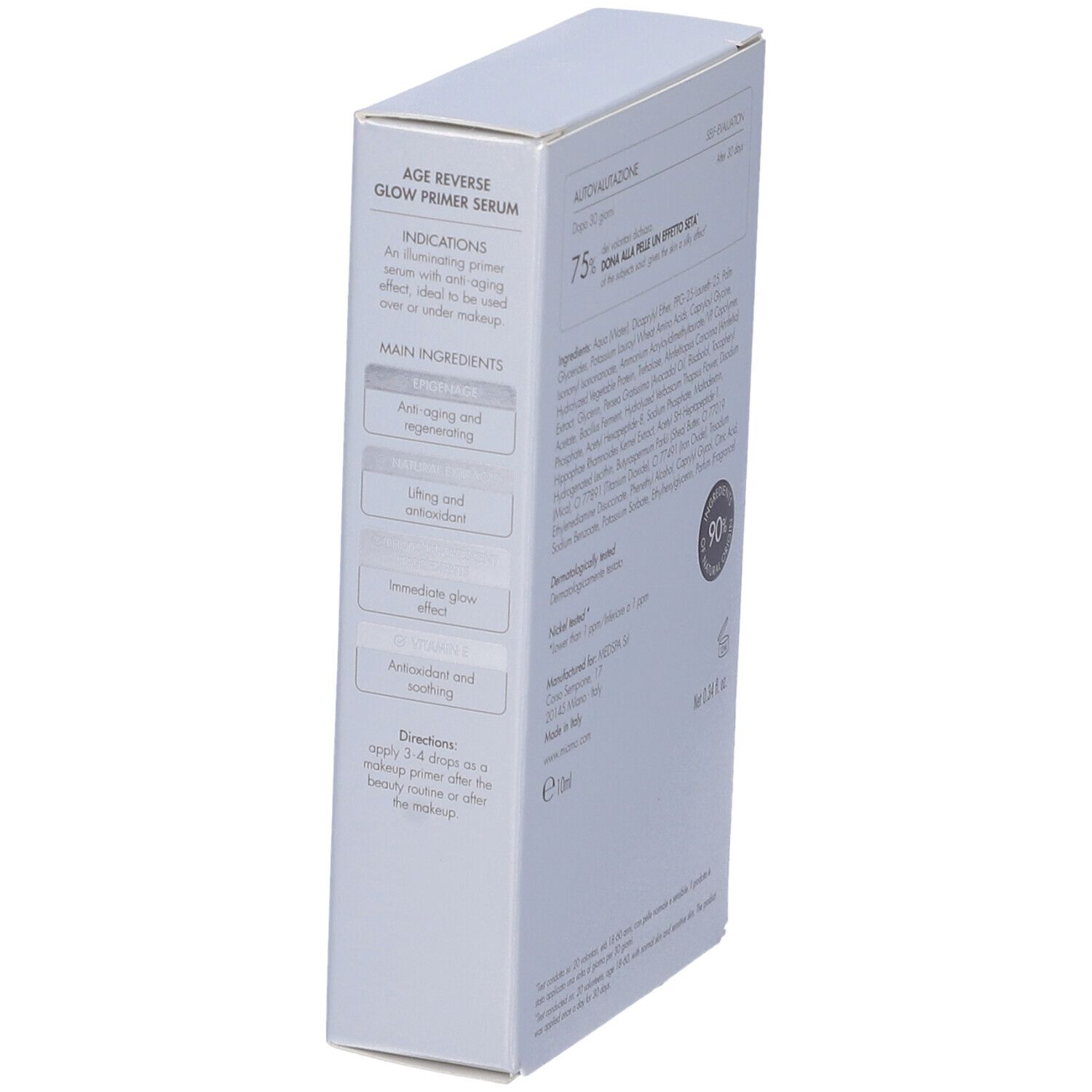 Confezione Miamo Age Reverse Glow Primer Siero. Vista laterale. Testo: Age Reverse Glow Primer Serum, Ingredienti.