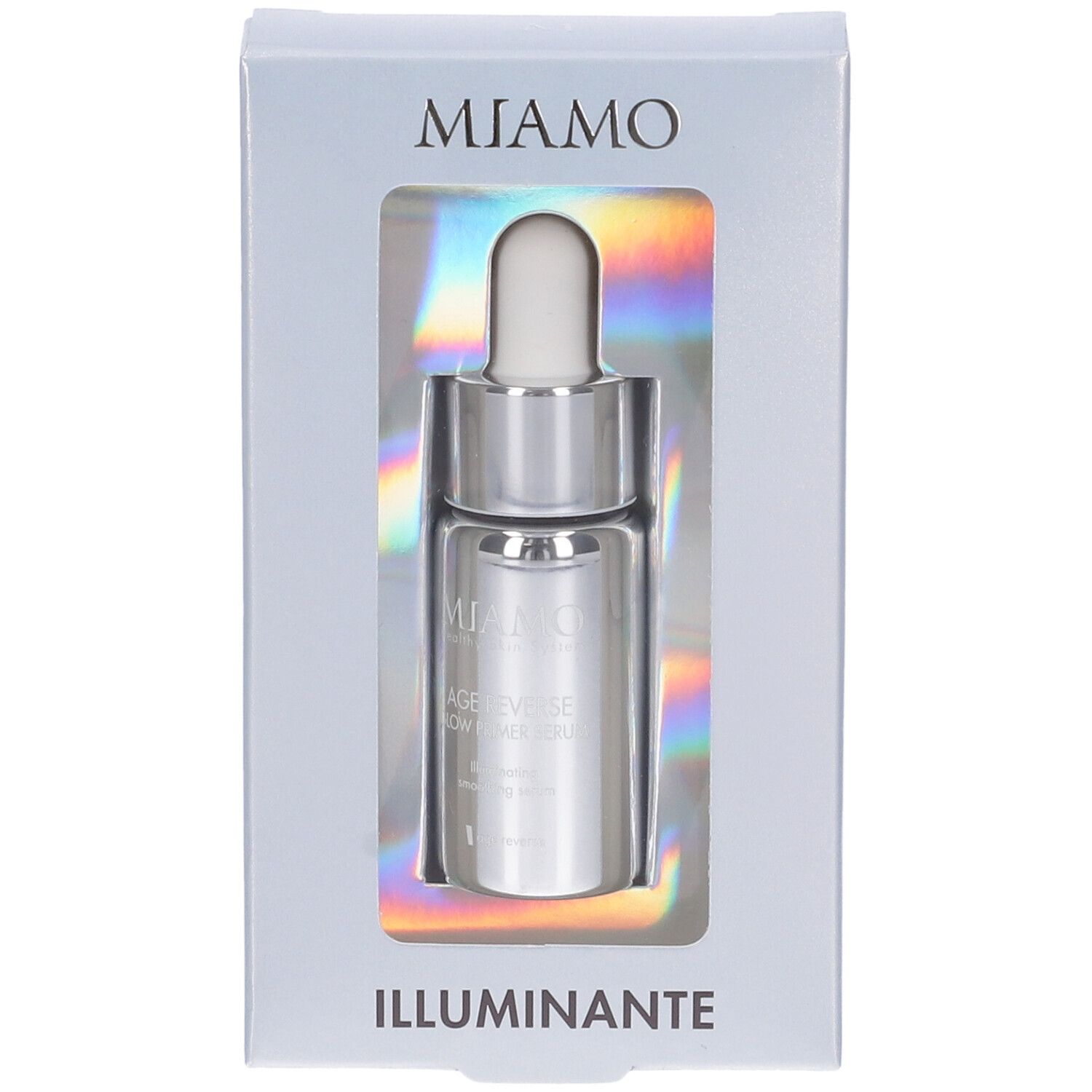 Miamo Age Reverse Glow Primer Siero in confezione. Flacone con contagocce. Scritta: Illuminante.