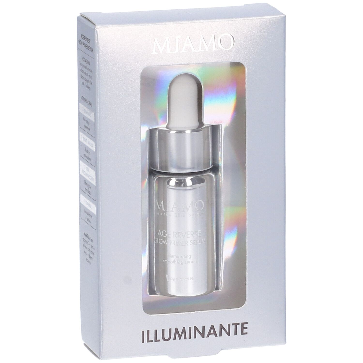 Miamo Age Reverse Glow Primer Siero in confezione. Flacone con contagocce. Scritta: Illuminante.