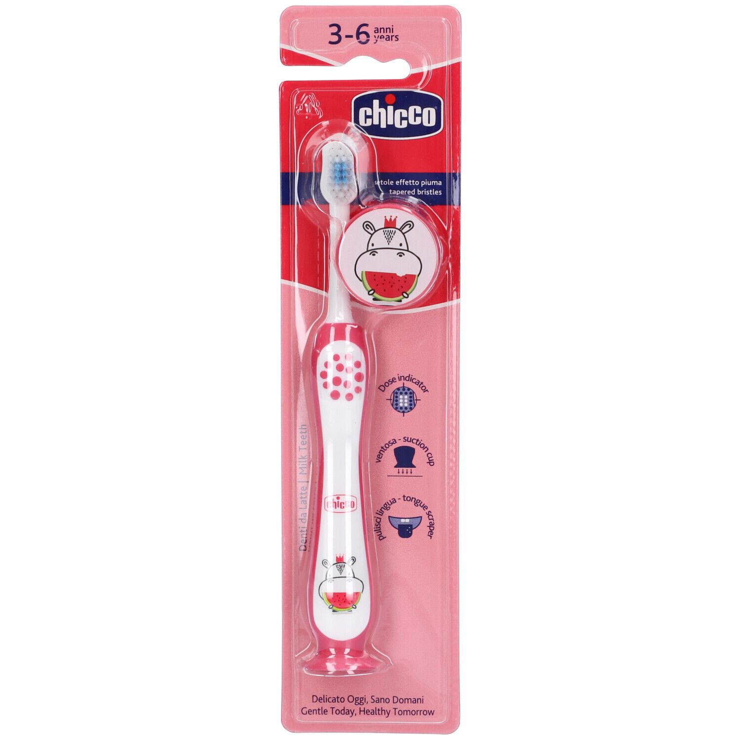 Spazzolino rosa per bambini, confezionato. Marchio Chicco. Setole, manico con pois e illustrazioni di animali.