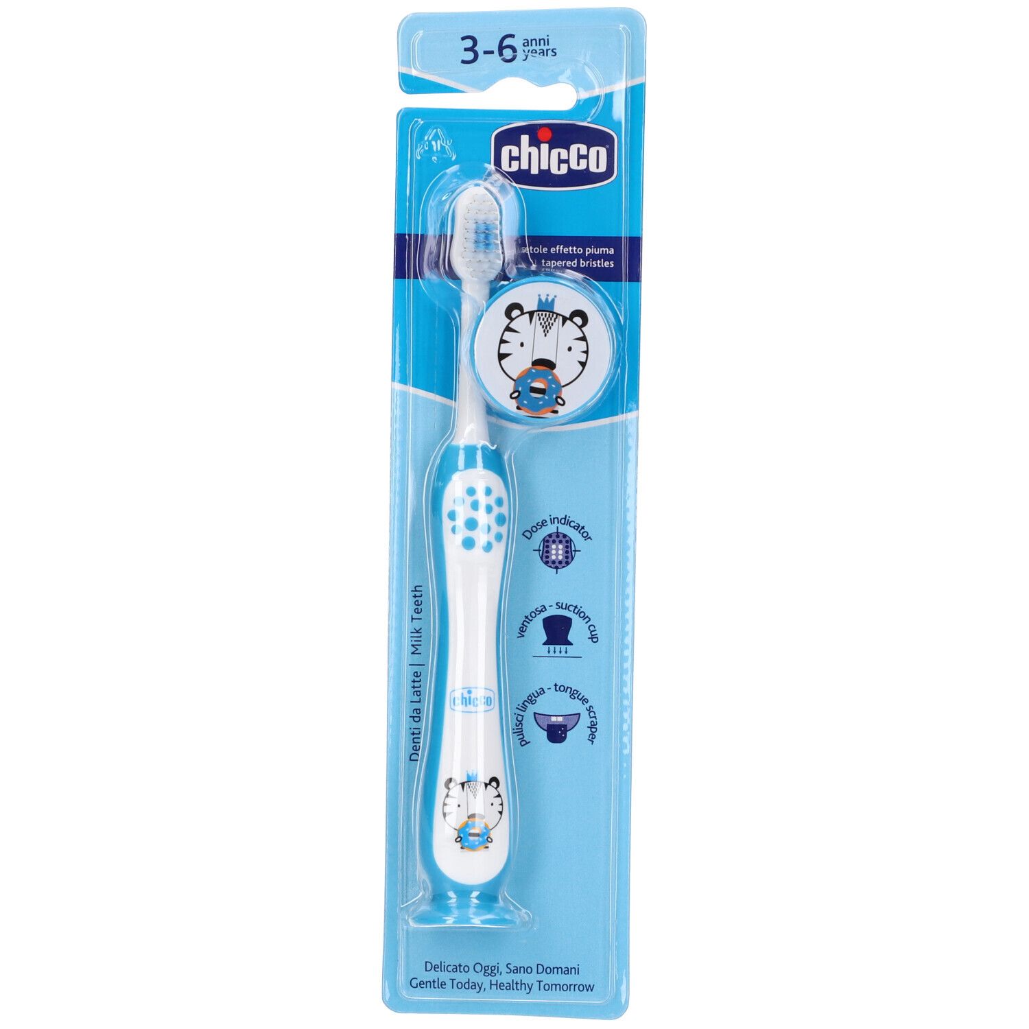 Spazzolino blu per bambini, con manico, setole e confezione. Marchio: Chicco. Età: 3-6 anni.