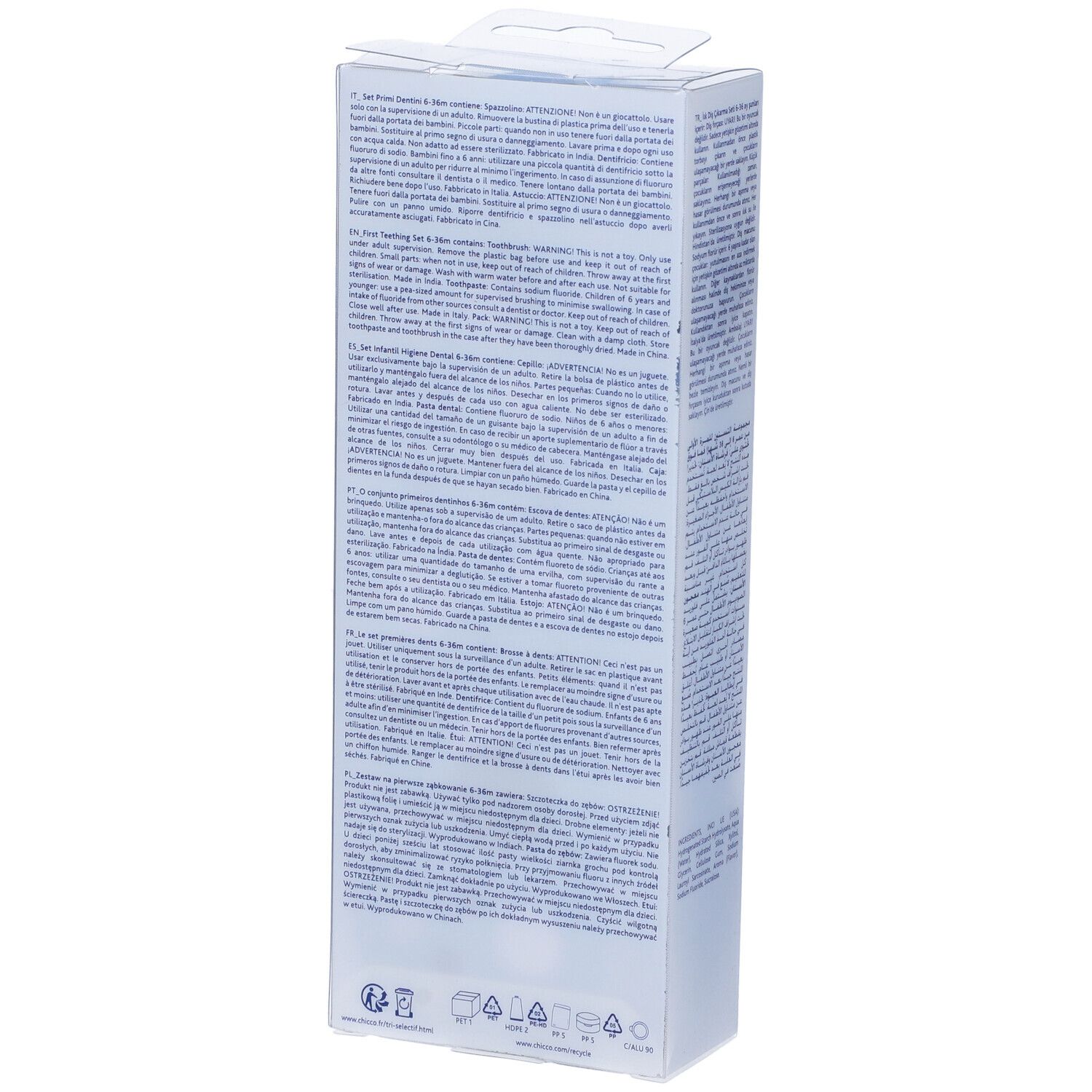 Verpackung mit mehrsprachigen Hinweisen und Symbolen.