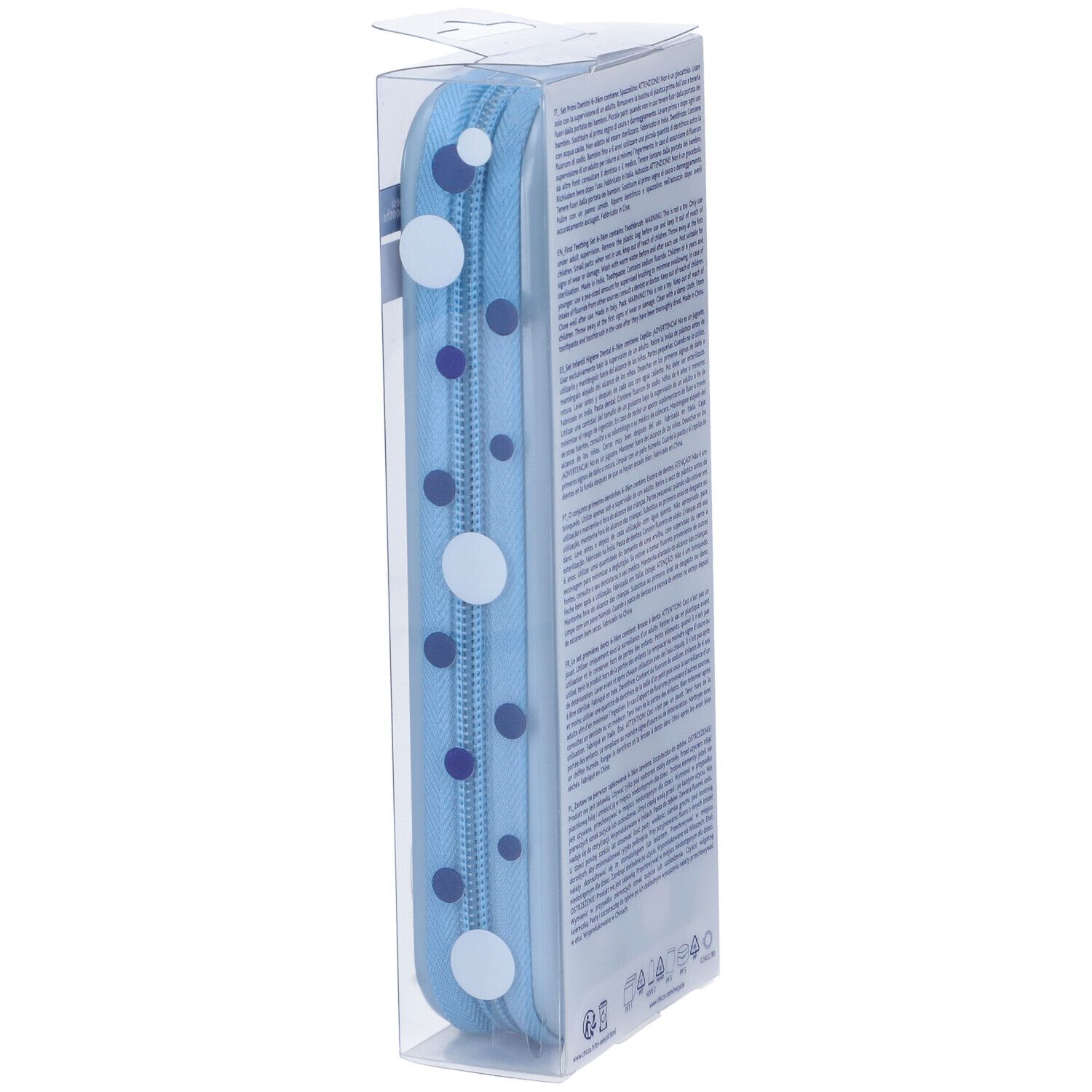 Hellblaue Reißverschlusstasche mit weißen und dunkelblauen Punkten, in transparenter Verpackung.