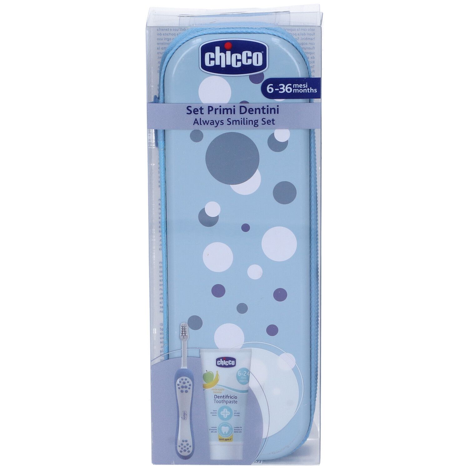 Chicco Set Primi Dentini Always Smiling Set in hellblauem Etui mit Punkten. Enthält Zahnbürste und Zahnpasta.