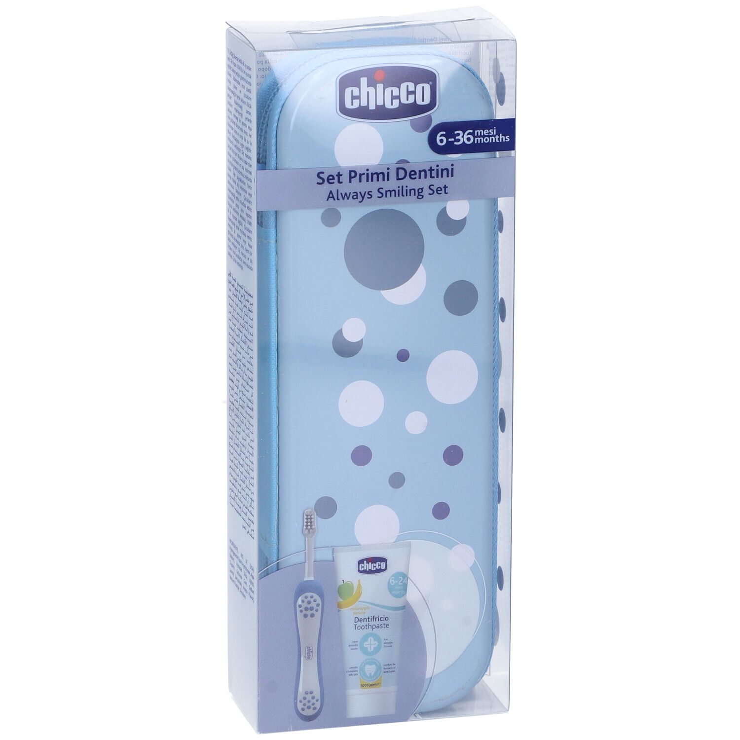 Chicco Set Primi Dentini Always Smiling Set in hellblauer Verpackung mit Punkten. Enthält Zahnbürste und Zahnpasta.