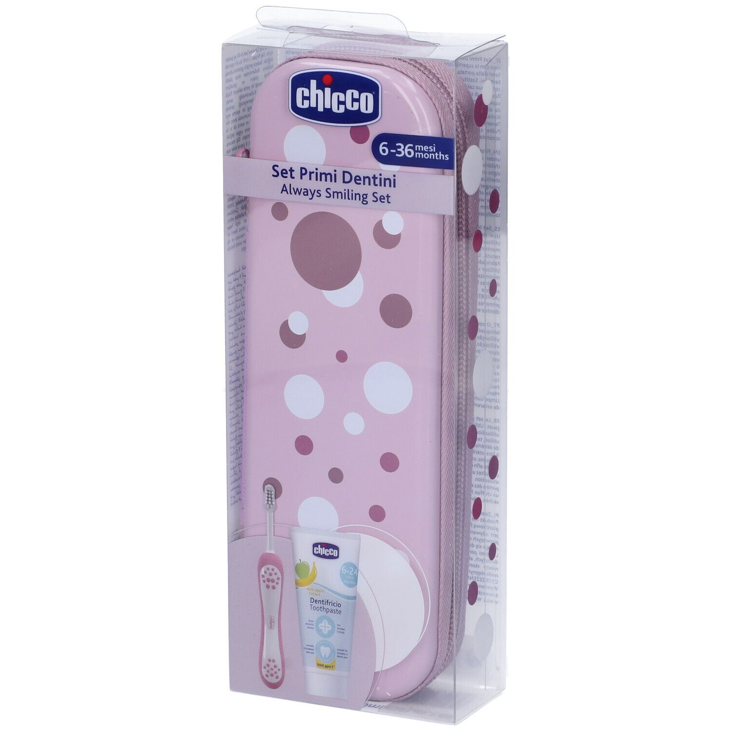 Set Primi Dentini rosa in confezione. Include spazzolino e dentifricio. Marca Chicco.