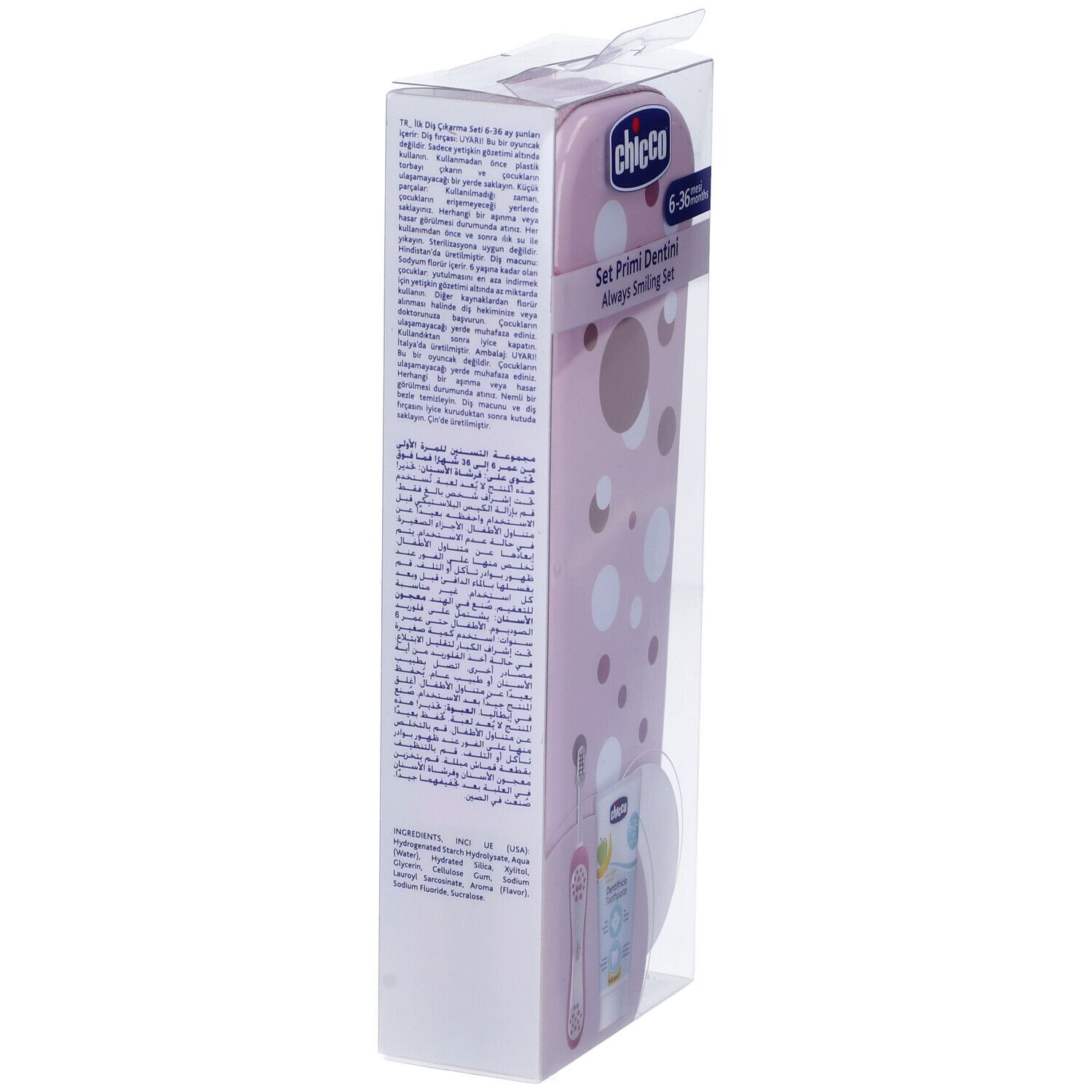 Confezione del set Primi Dentini. Testo sul lato. Marca Chicco.