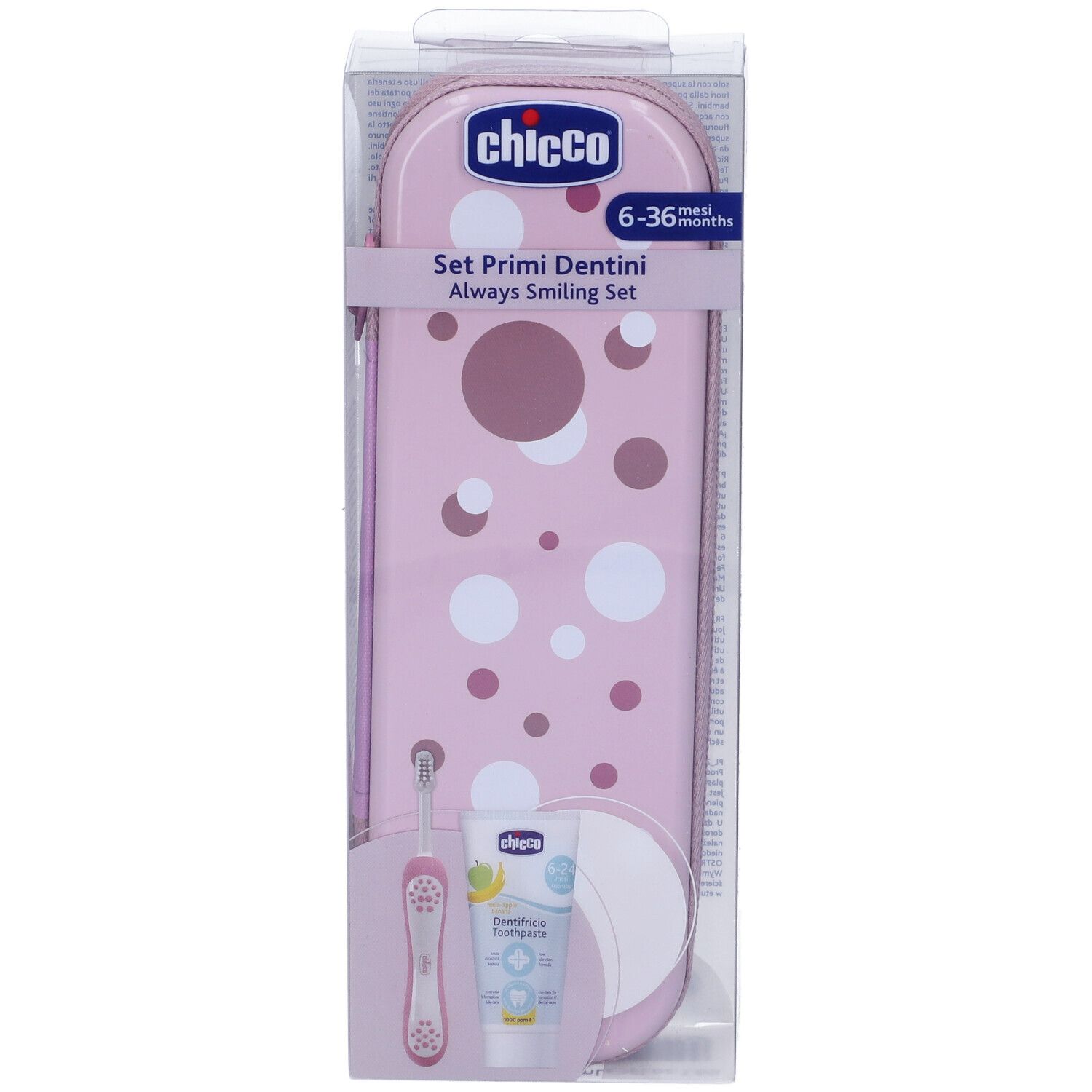 Set Primi Dentini in confezione. Astuccio rosa, spazzolino e dentifricio. Chicco.