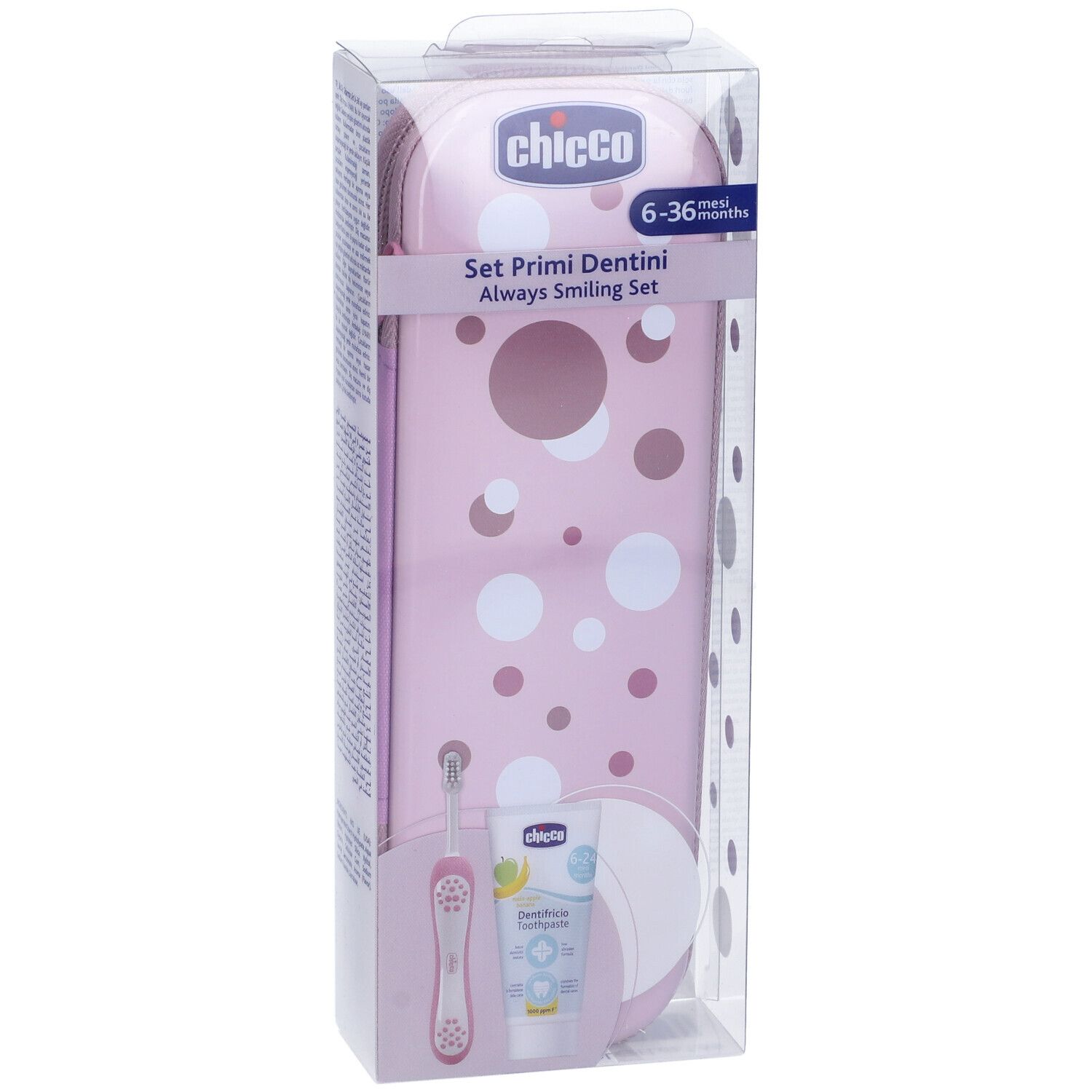 Set Primi Dentini in confezione. Astuccio rosa, spazzolino e dentifricio. Chicco.